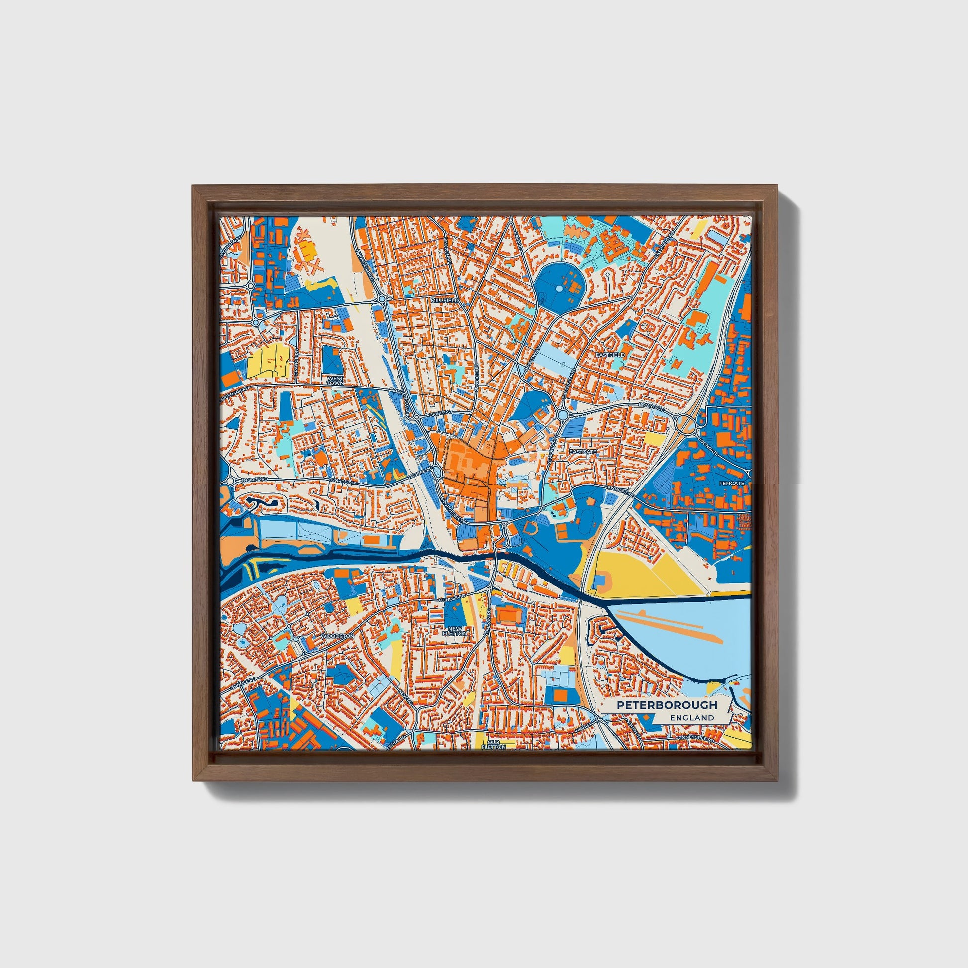 Peterborough England Colorful City Map Canvas Print • Dark Wooden Framed