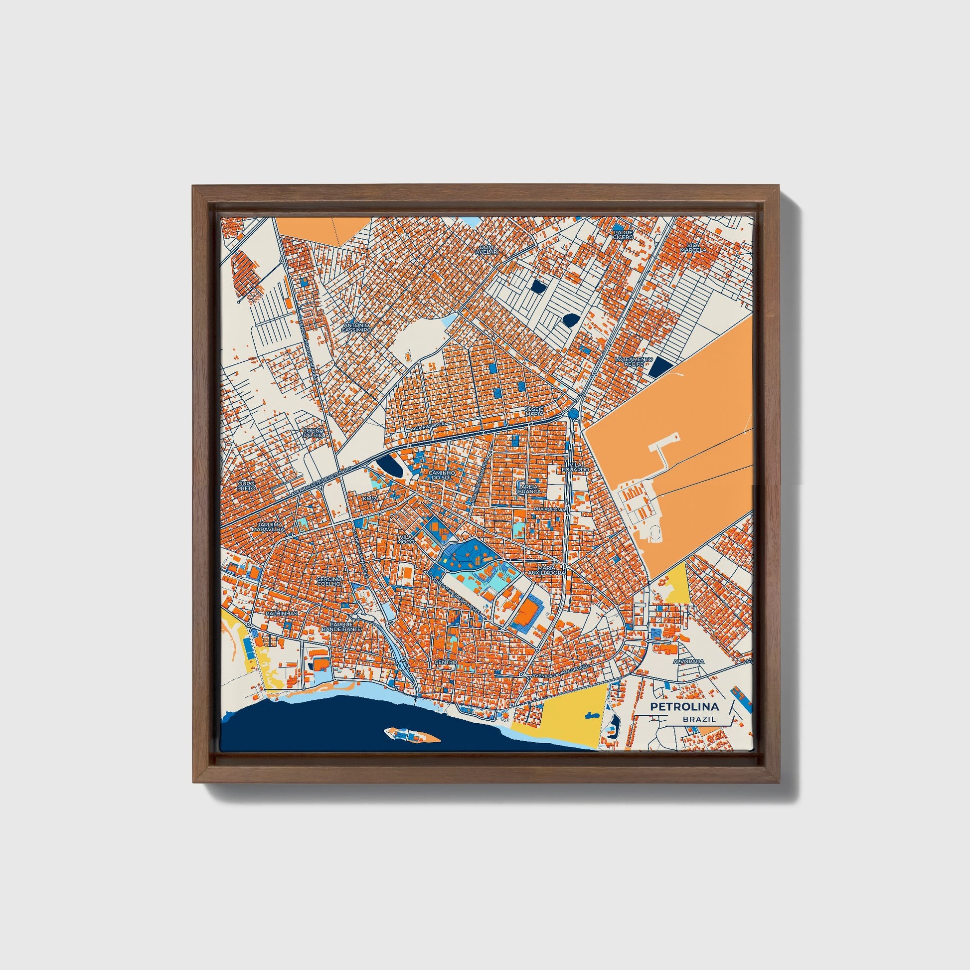 Petrolina Brazil Colorful City Map Canvas Print • Dark Wooden Framed
