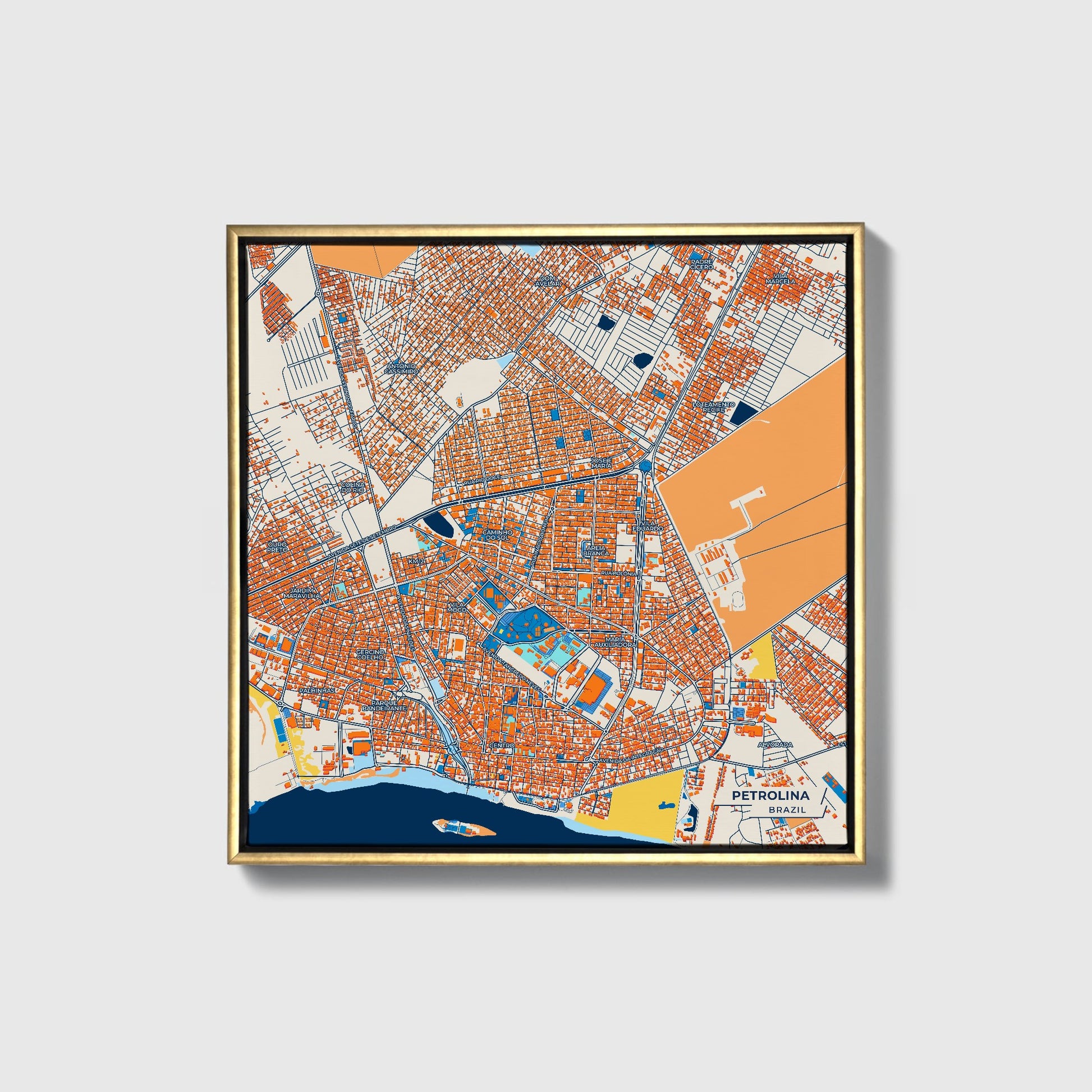 Petrolina Brazil Colorful City Map Canvas Print • Gold Framed
