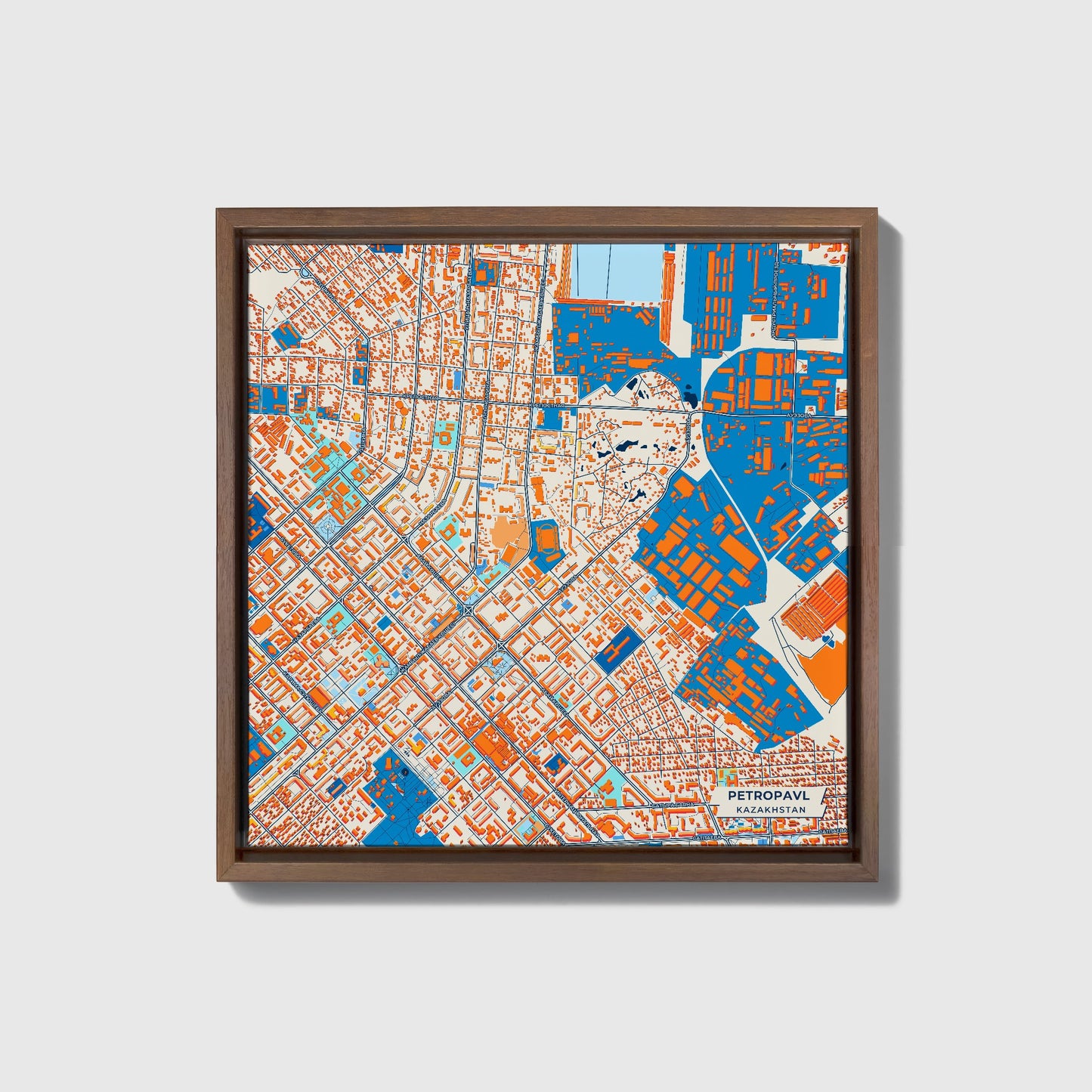 Petropavl Kazakhstan Colorful City Map Canvas Print • Dark Wooden Framed