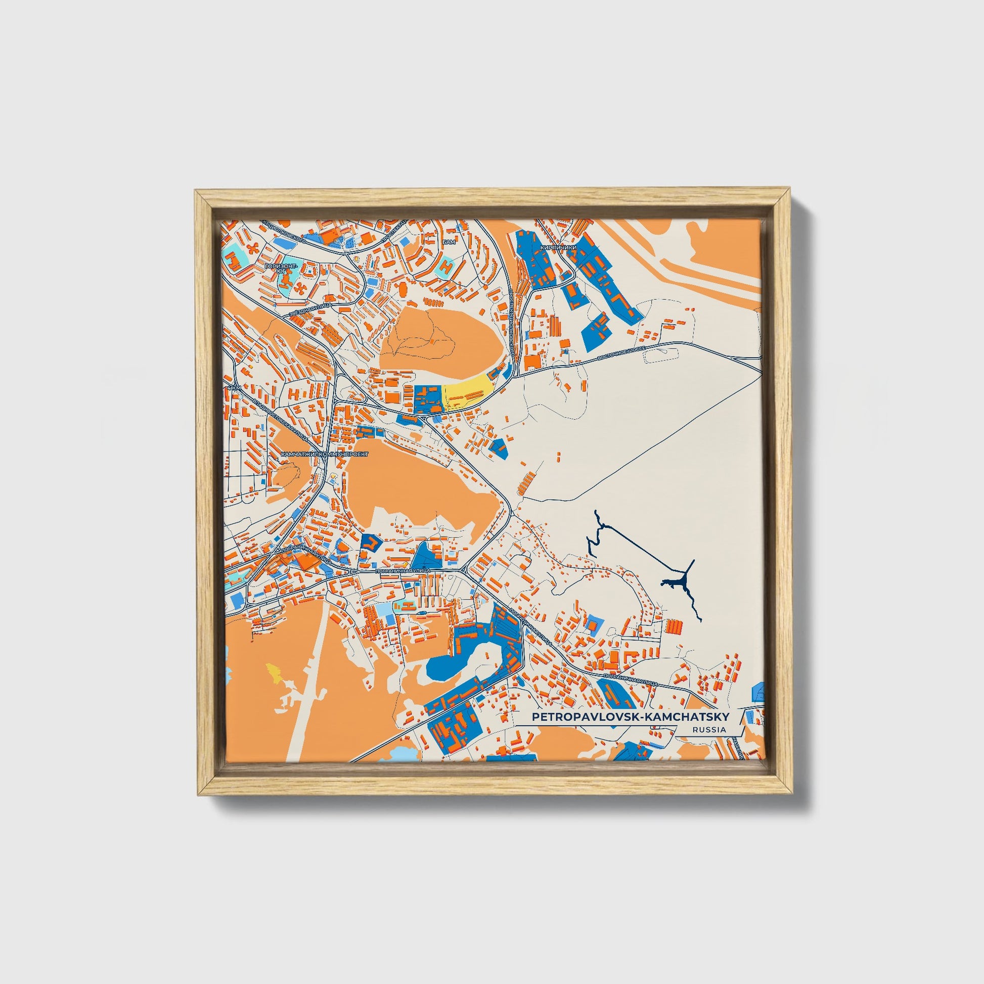 Петропавловск-Камчатский Russia Colorful City Map Canvas Print • Natural Wooden Framed