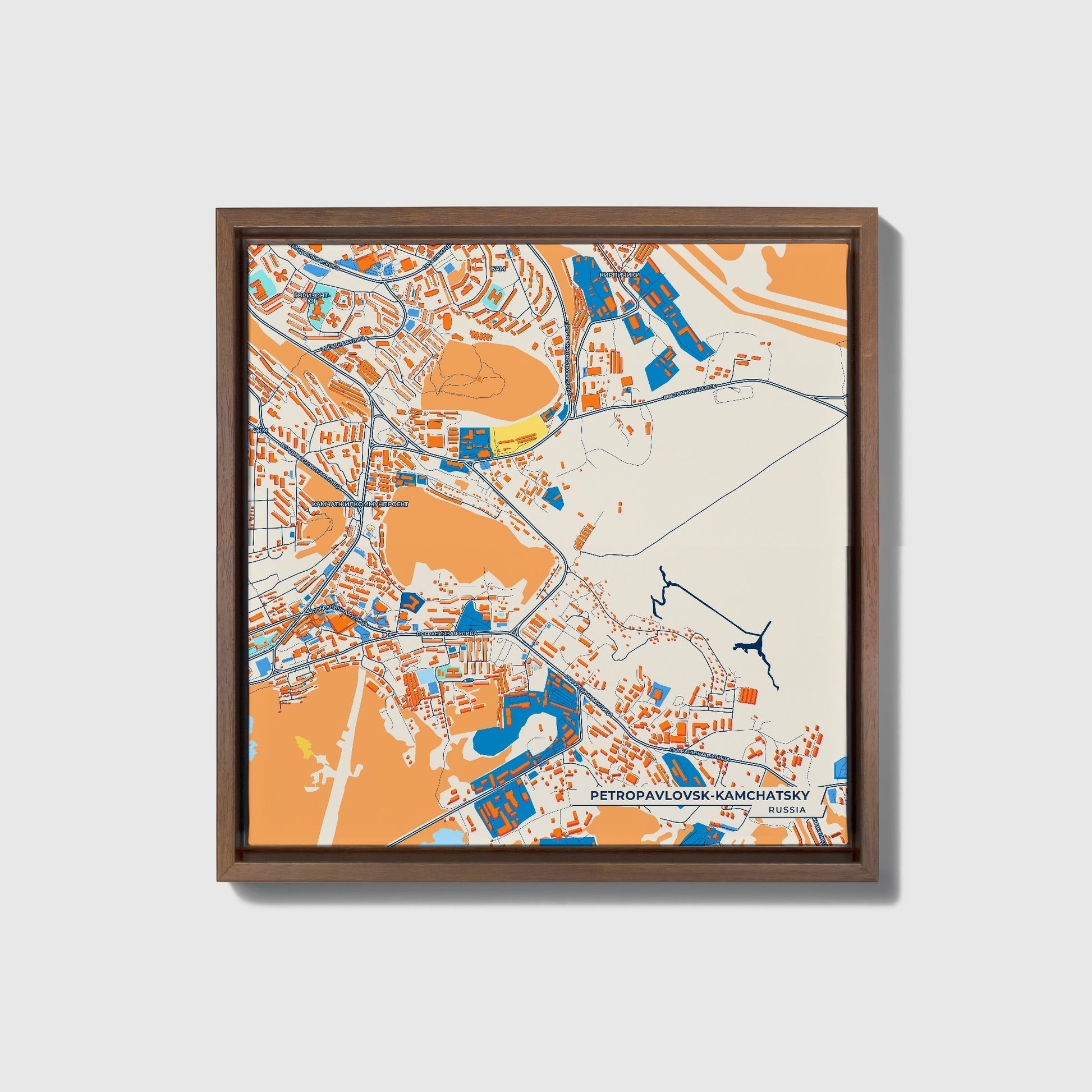 Петропавловск-Камчатский Russia Colorful City Map Canvas Print • Dark Wooden Framed