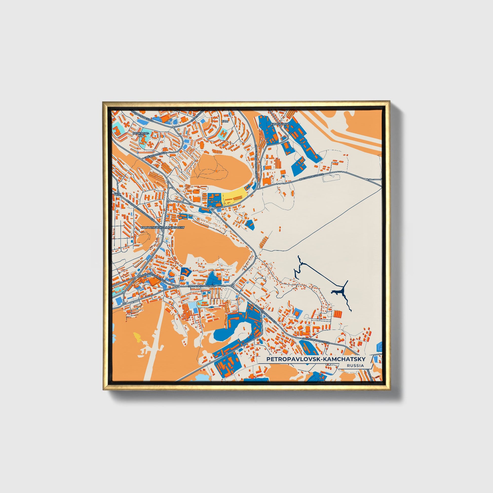 Петропавловск-Камчатский Russia Colorful City Map Canvas Print • Gold Framed