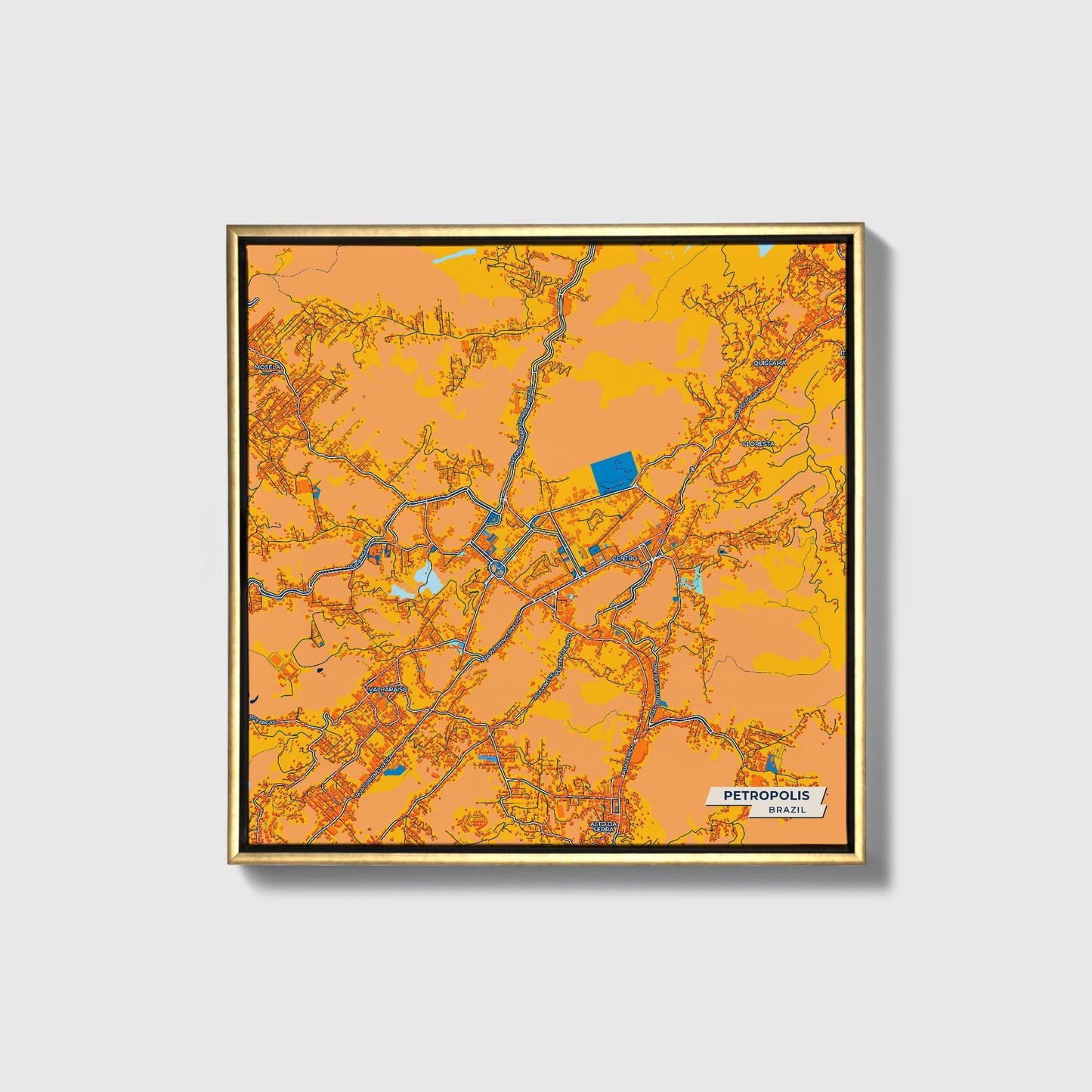 Petropolis Brazil Colorful City Map Canvas Print • Gold Framed