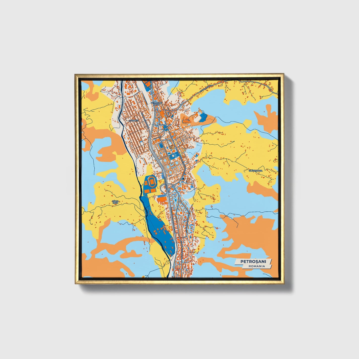 Petroșani Romania Colorful City Map Canvas Print • Gold Framed