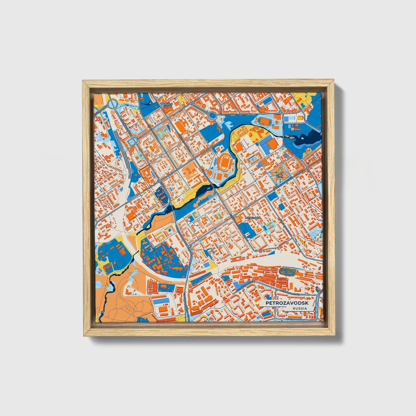 Петрозаводск Russia Colorful City Map Canvas Print • Natural Wooden Framed