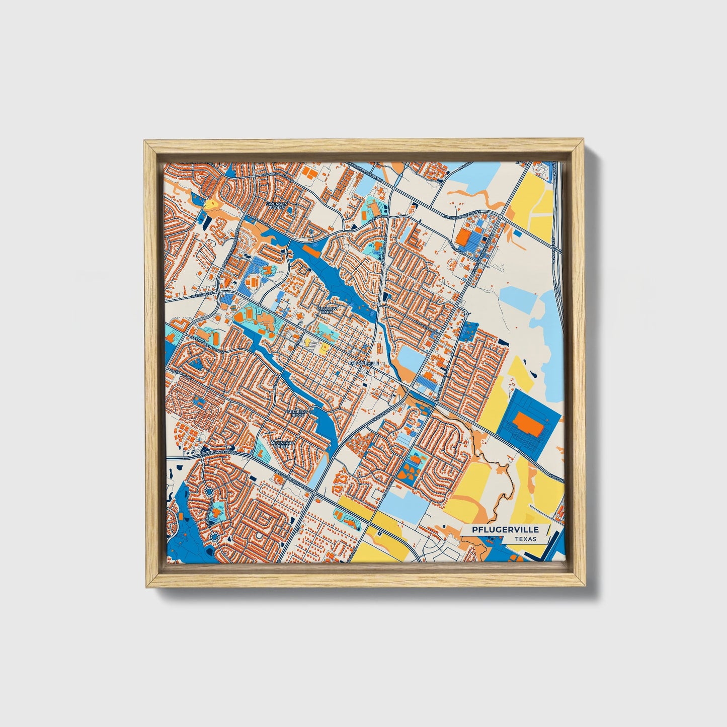 Pflugerville Texas Colorful City Map Canvas Print • Natural Wooden Framed