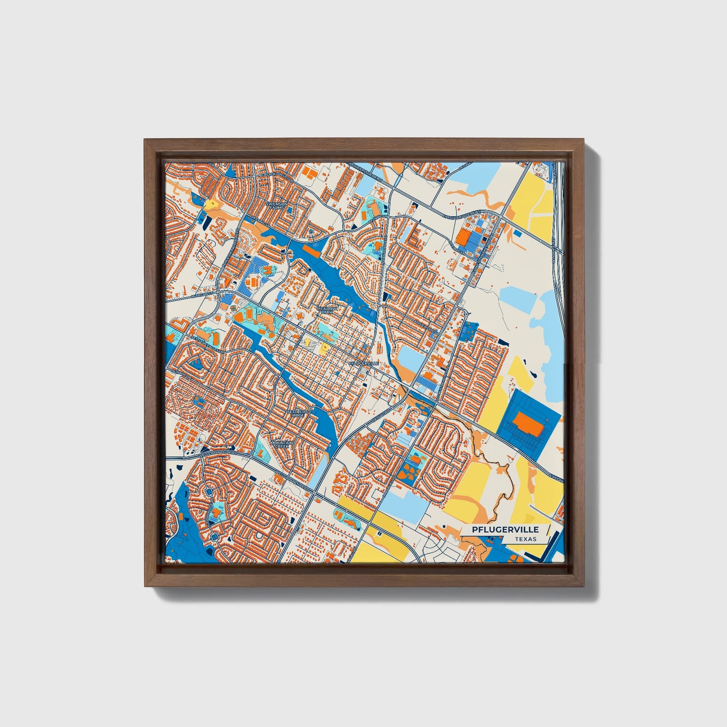 Pflugerville Texas Colorful City Map Canvas Print • Dark Wooden Framed
