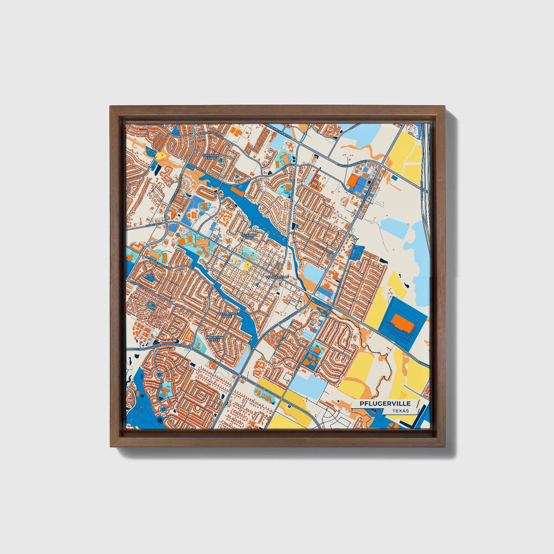 Pflugerville Texas Colorful City Map Canvas Print • Dark Wooden Framed