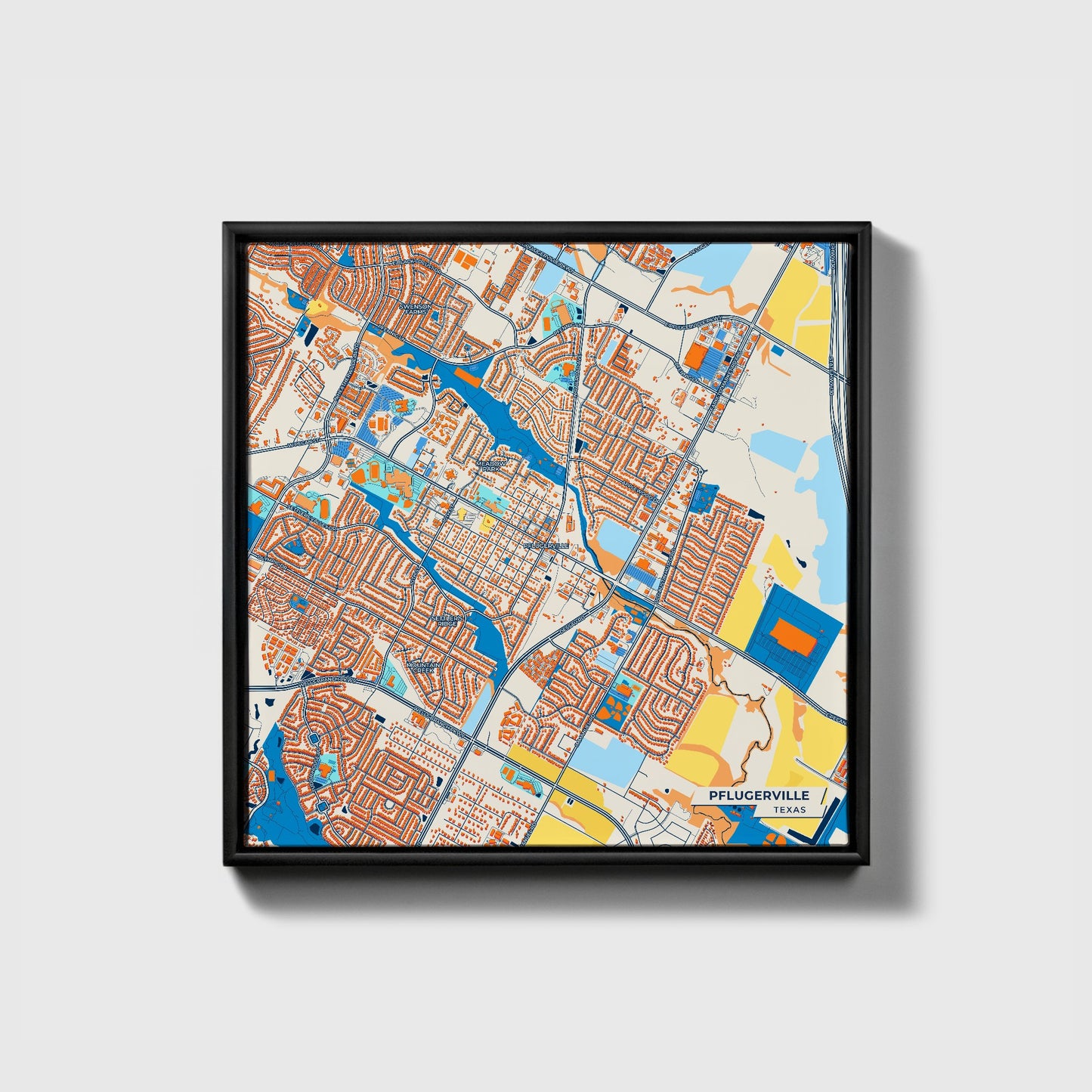 Pflugerville Texas Colorful City Map Canvas Print • Black Framed