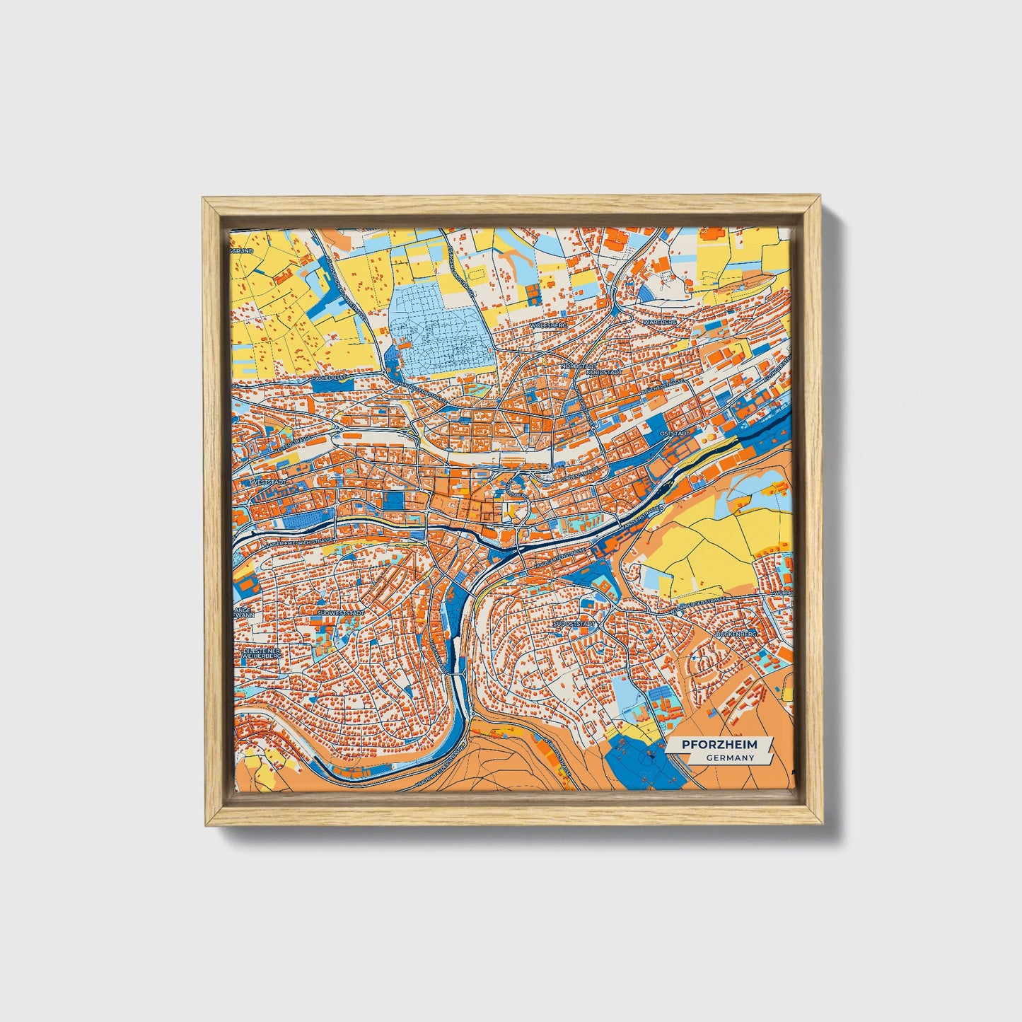 Pforzheim Germany Colorful City Map Canvas Print • Natural Wooden Framed