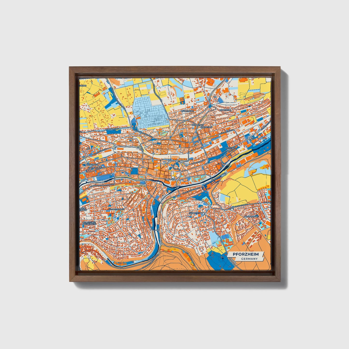 Pforzheim Germany Colorful City Map Canvas Print • Dark Wooden Framed