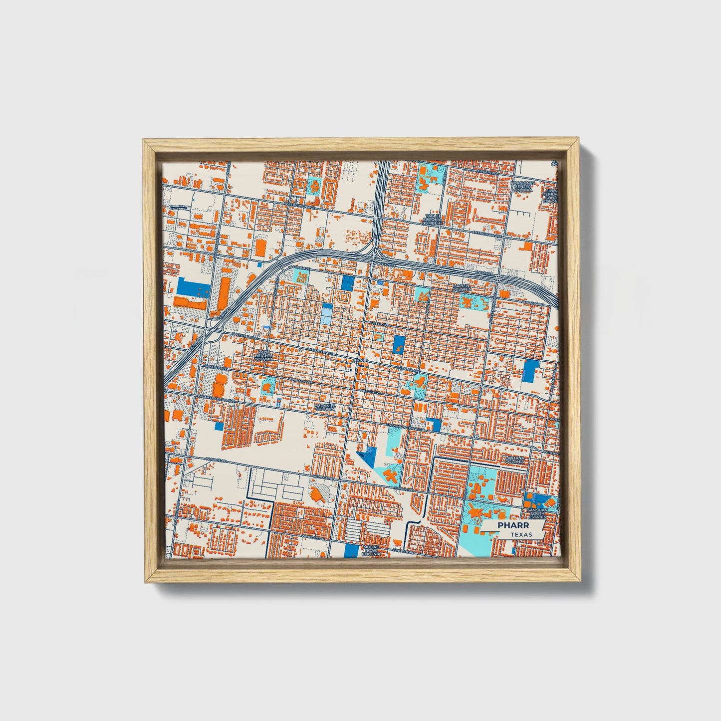 Pharr Texas Colorful City Map Canvas Print • Natural Wooden Framed