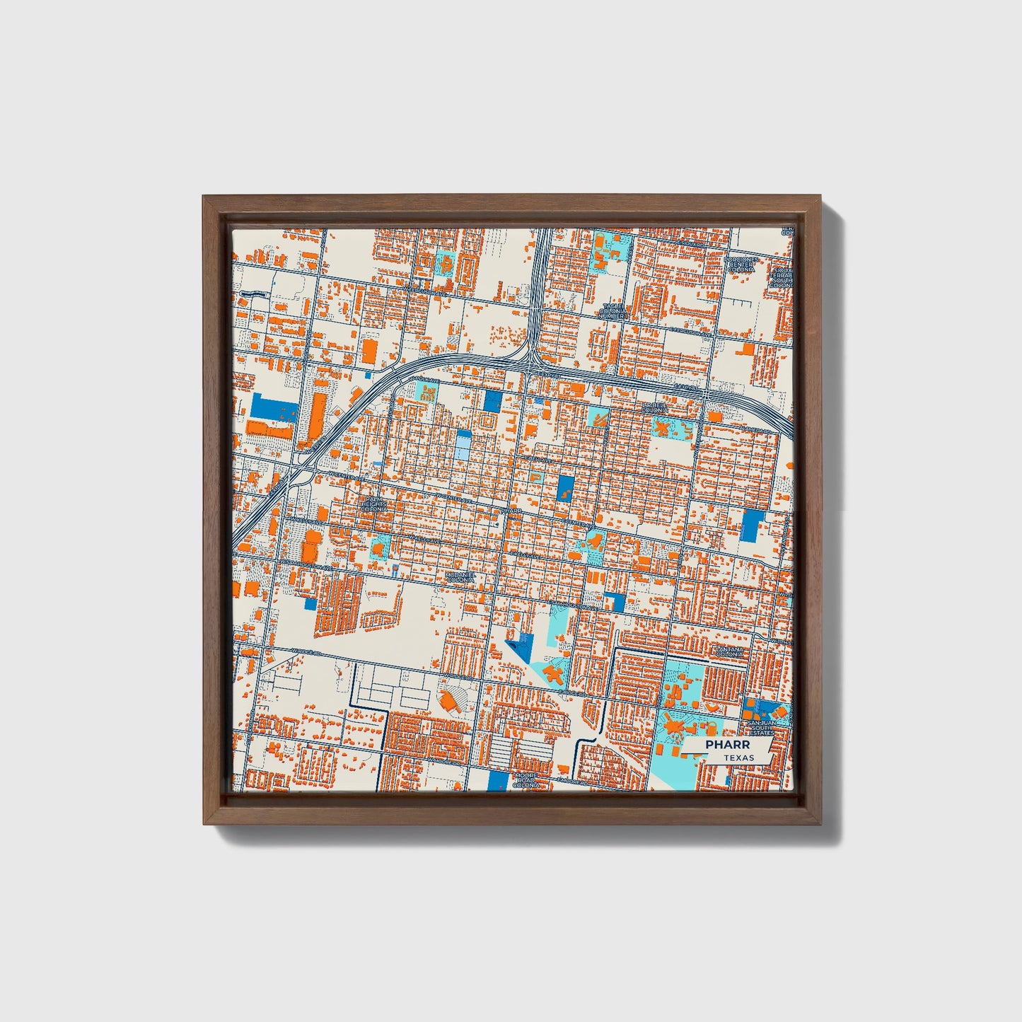 Pharr Texas Colorful City Map Canvas Print • Dark Wooden Framed