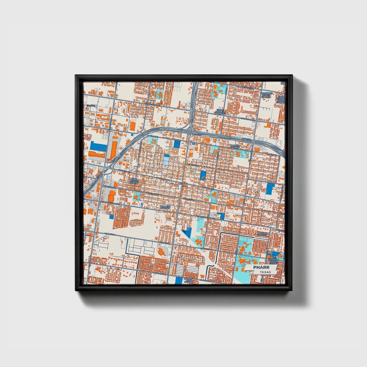 Pharr Texas Colorful City Map Canvas Print • Black Framed
