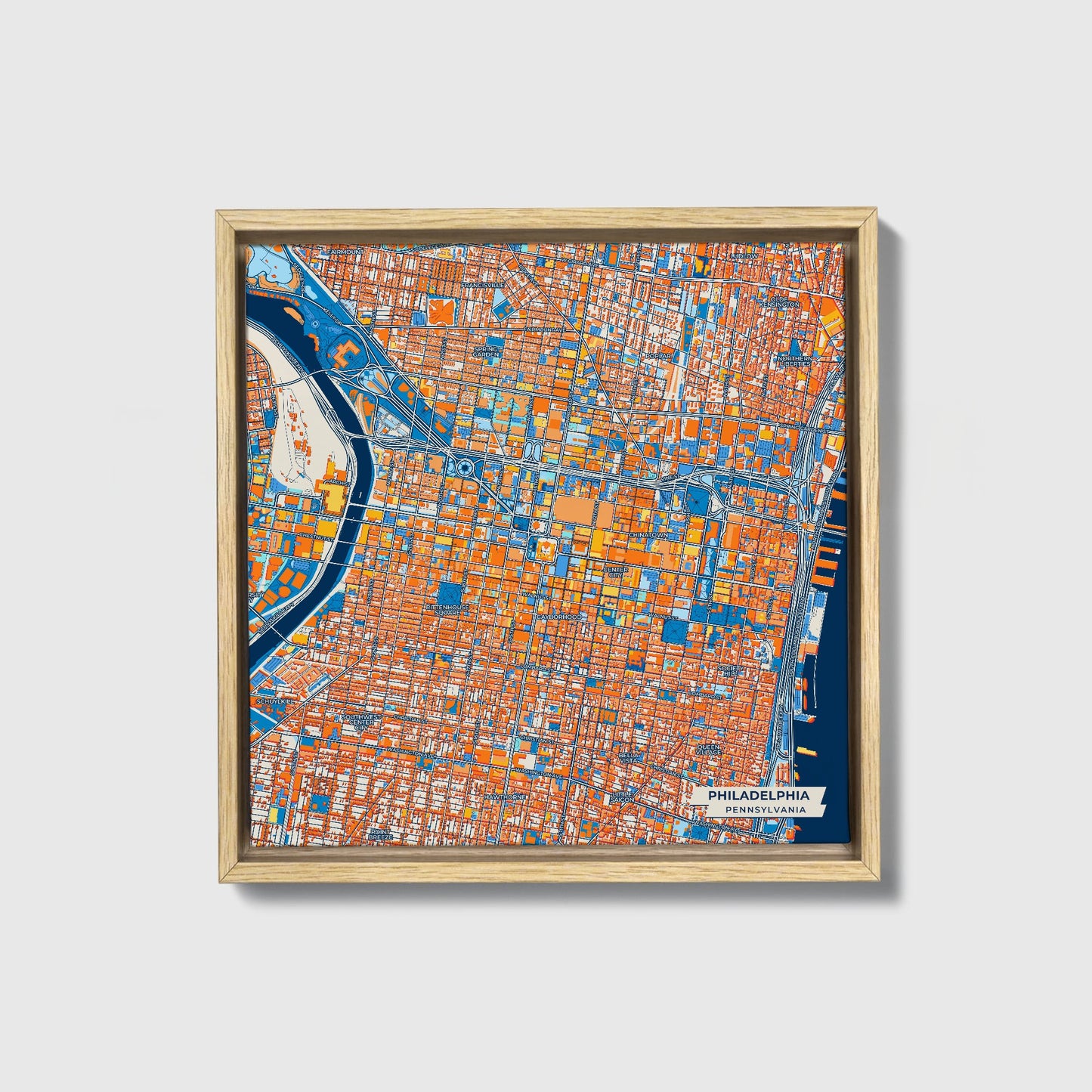 Philadelphia Pennsylvania Colorful City Map Canvas Print • Natural Wooden Framed