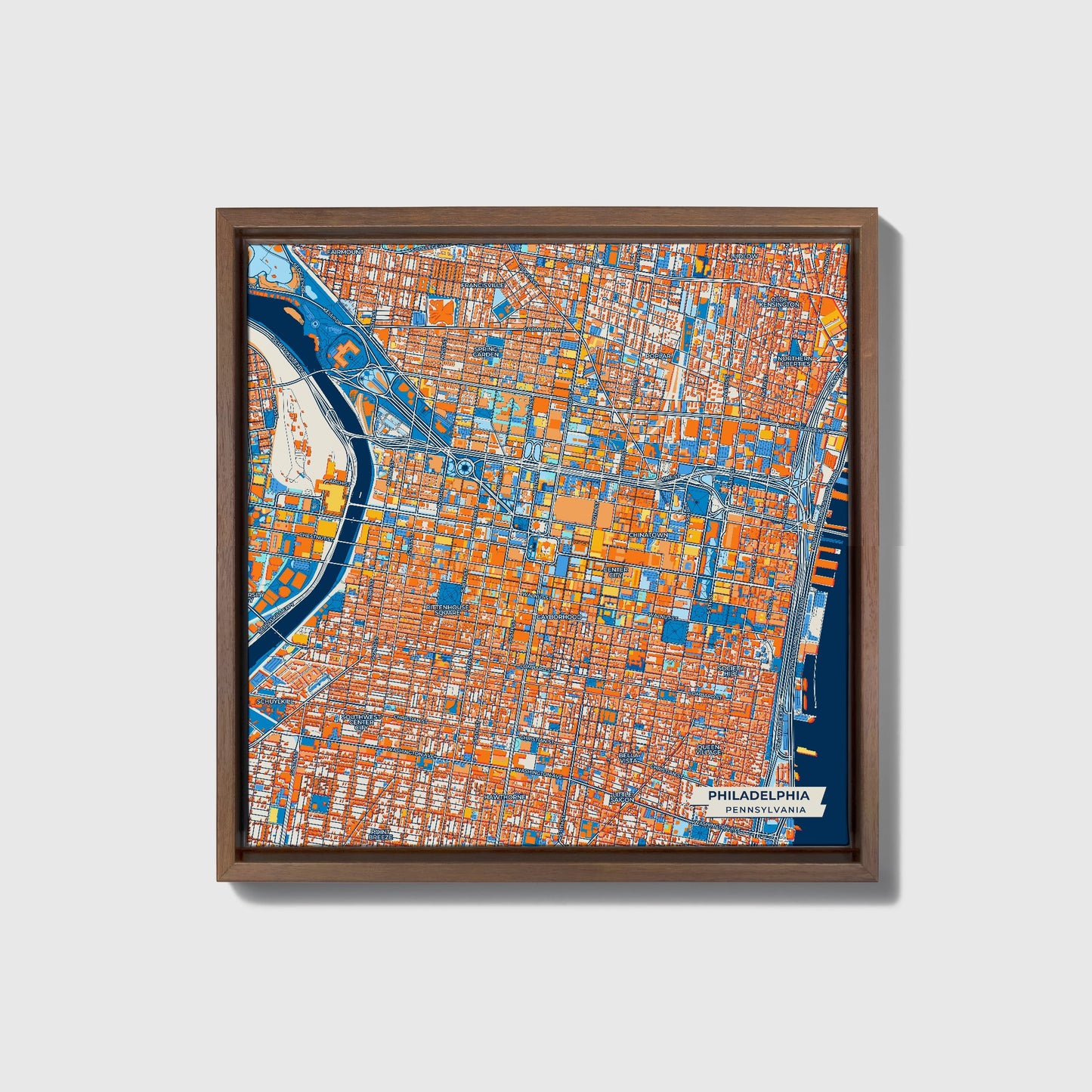 Philadelphia Pennsylvania Colorful City Map Canvas Print • Dark Wooden Framed