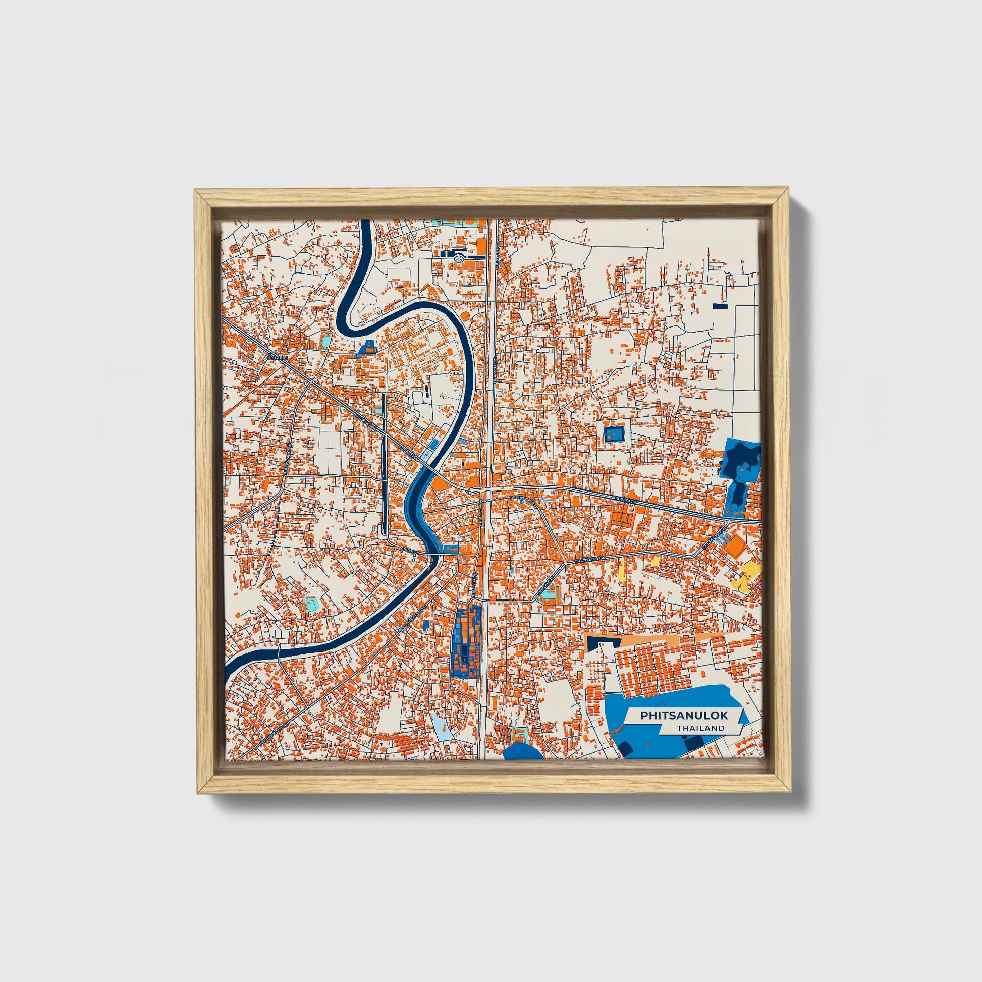 Phitsanulok Thailand Colorful City Map Canvas Print • Natural Wooden Framed