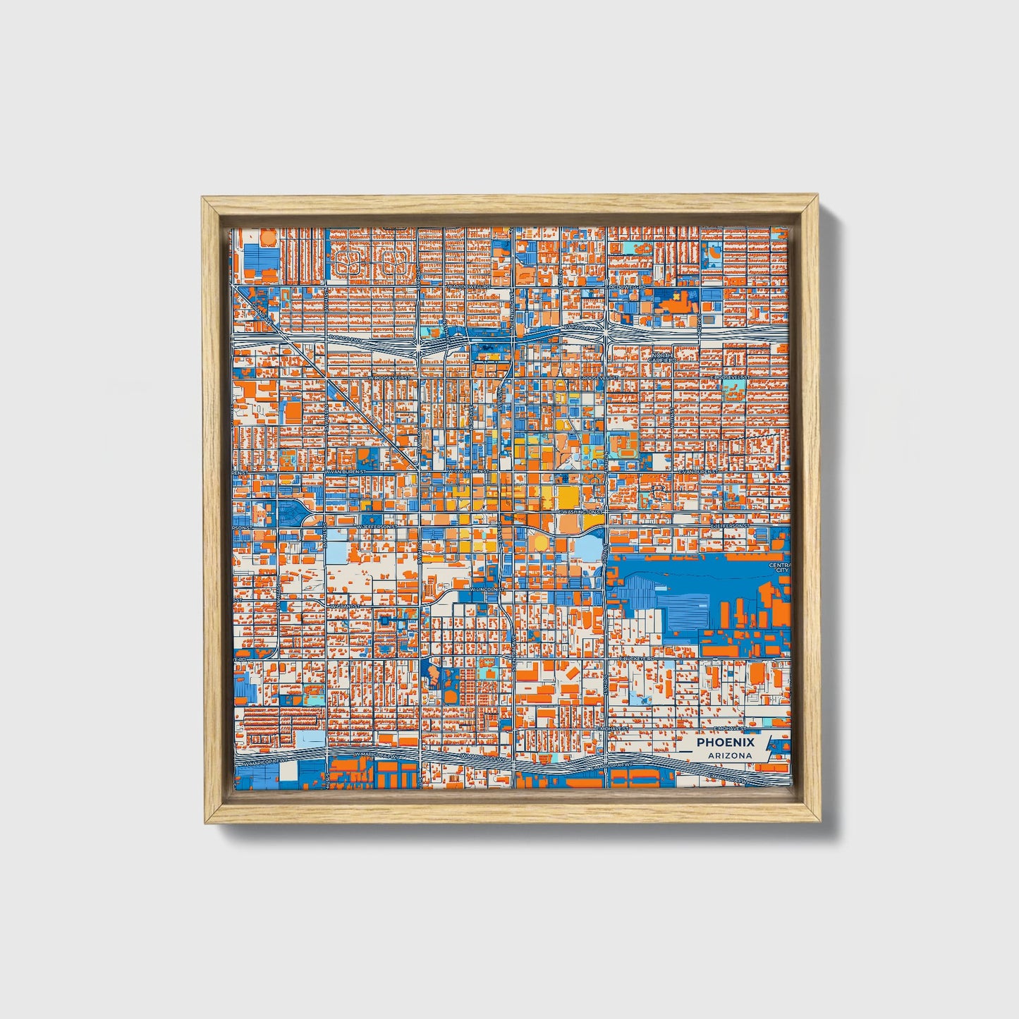 Phoenix Arizona Colorful City Map Canvas Print • Natural Wooden Framed
