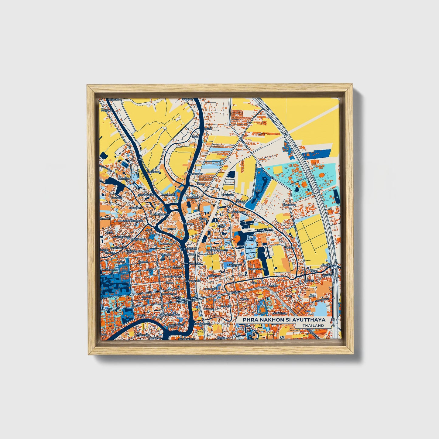 Phra Nakhon Si Ayutthaya Thailand Colorful City Map Canvas Print • Natural Wooden Framed
