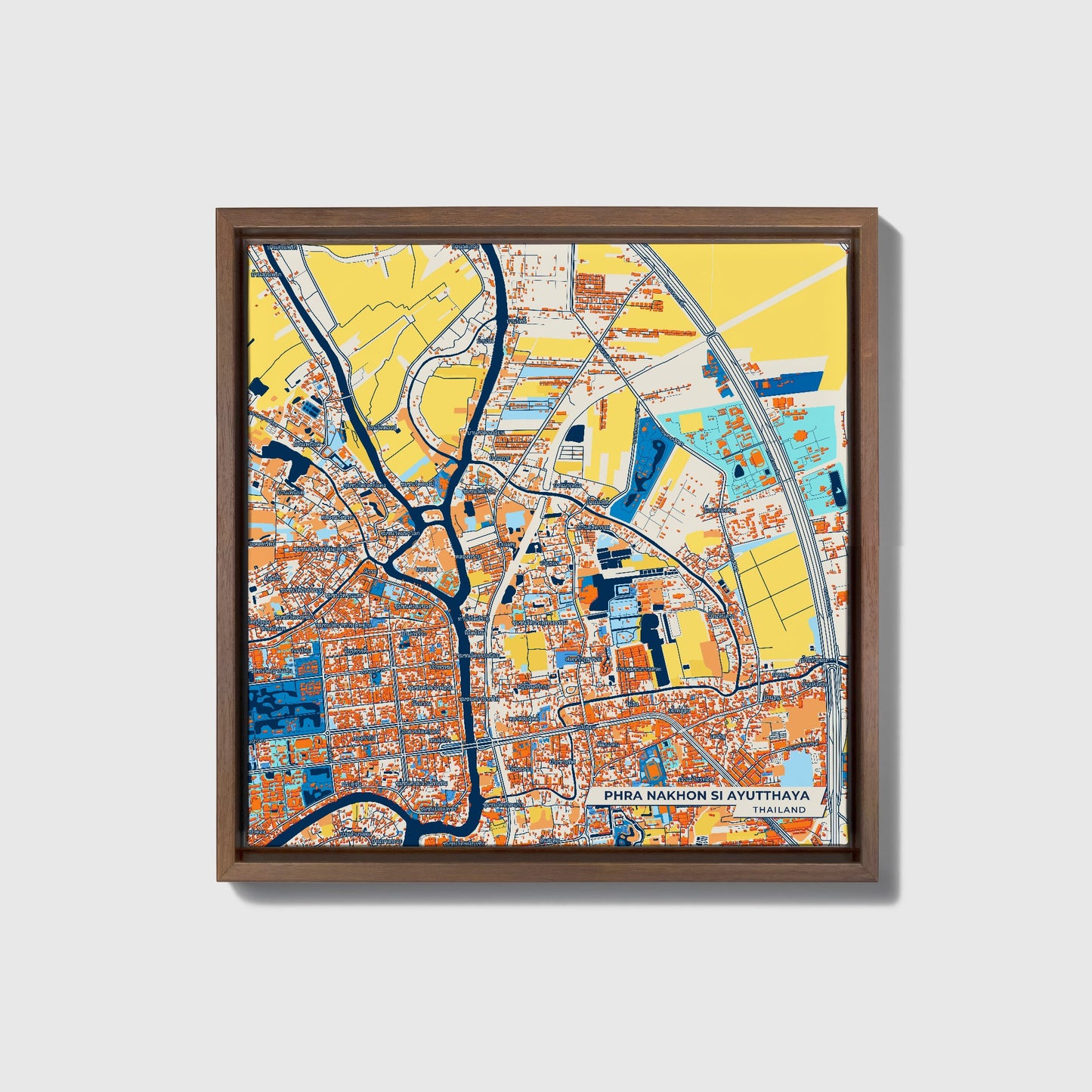 Phra Nakhon Si Ayutthaya Thailand Colorful City Map Canvas Print • Dark Wooden Framed