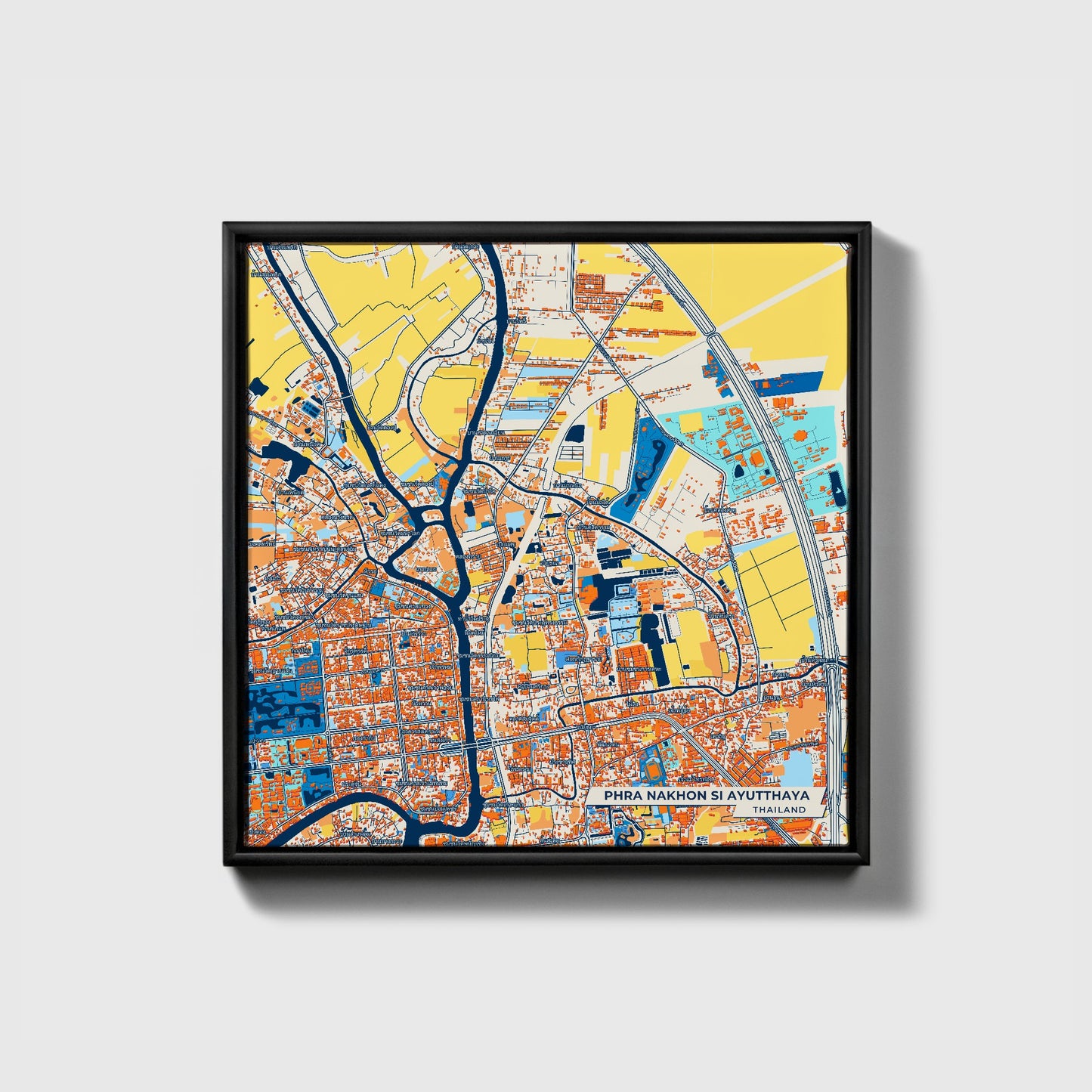 Phra Nakhon Si Ayutthaya Thailand Colorful City Map Canvas Print • Black Framed