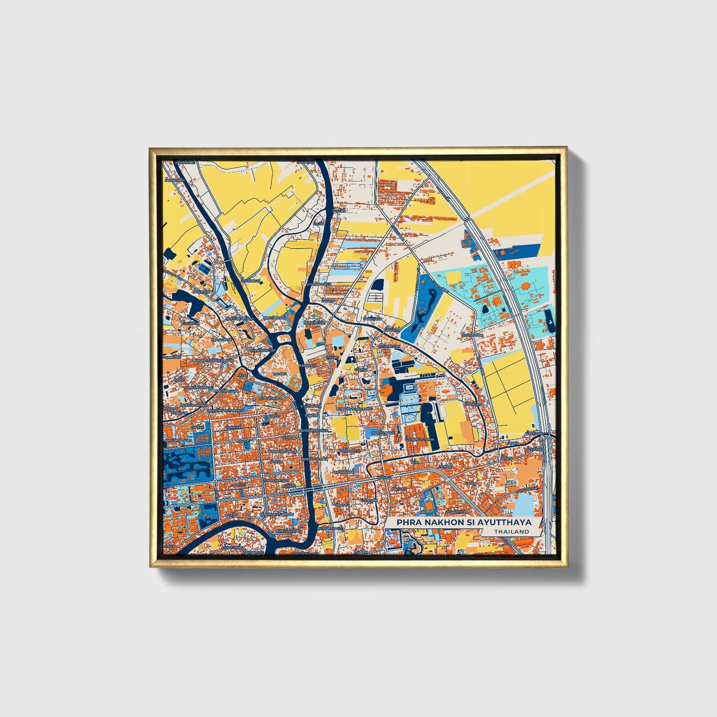 Phra Nakhon Si Ayutthaya Thailand Colorful City Map Canvas Print • Gold Framed