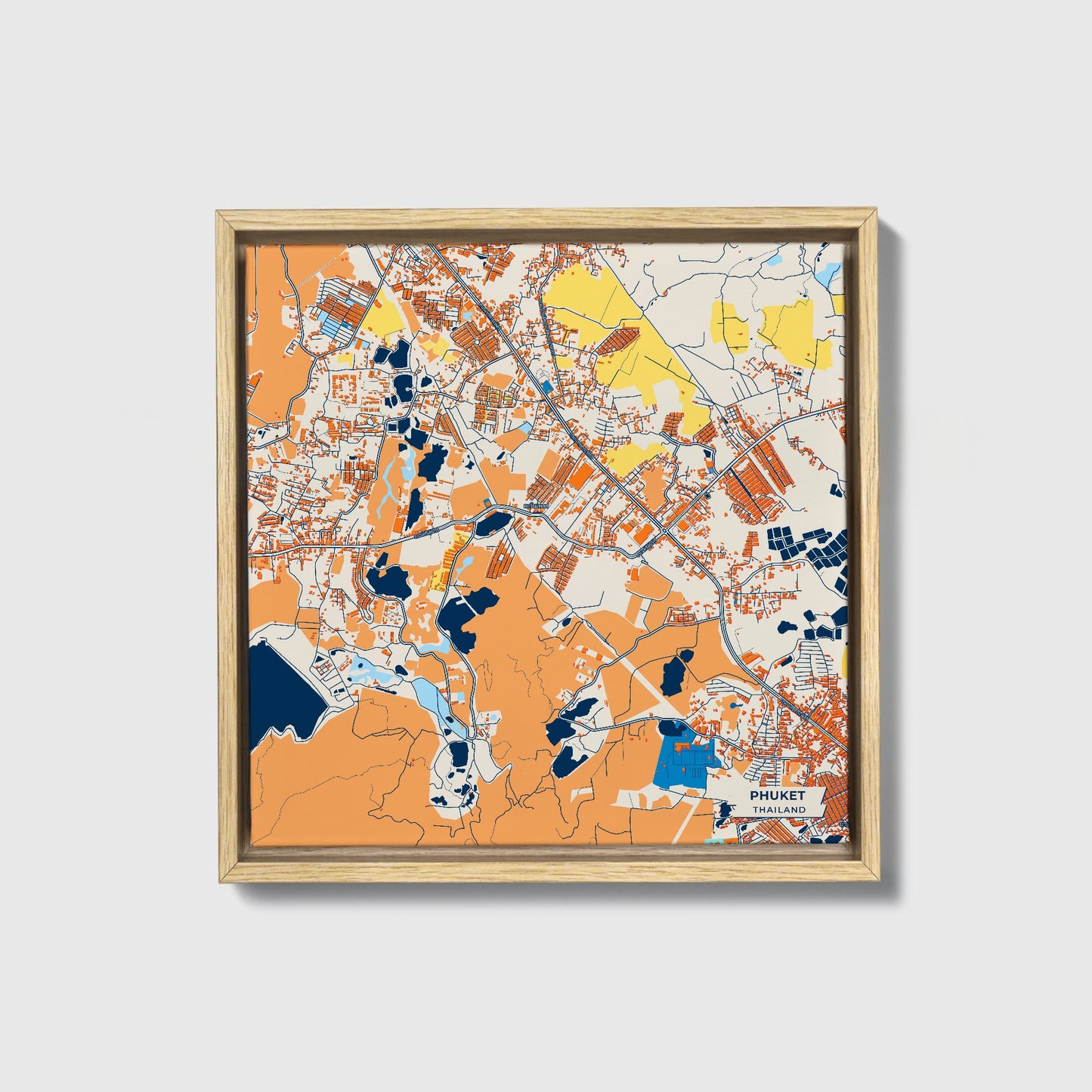 Phuket Thailand Colorful City Map Canvas Print • Natural Wooden Framed