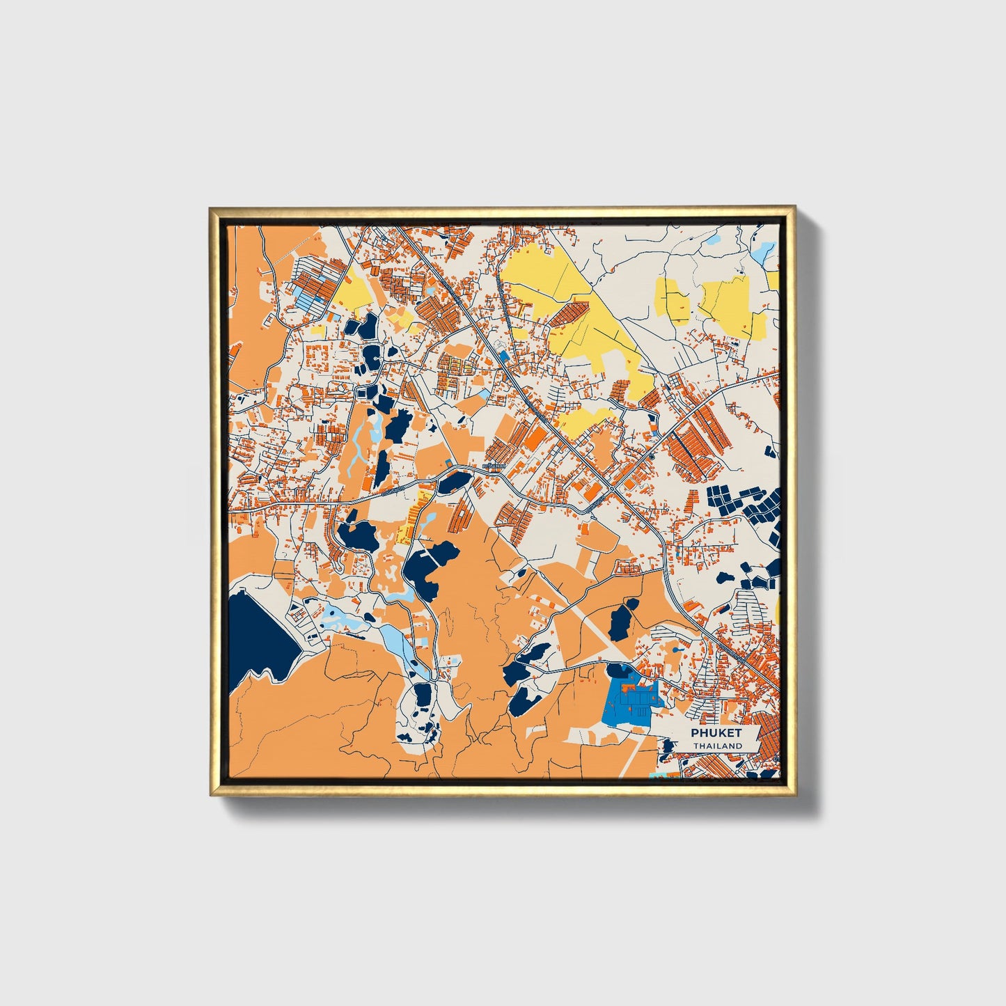 Phuket Thailand Colorful City Map Canvas Print • Gold Framed