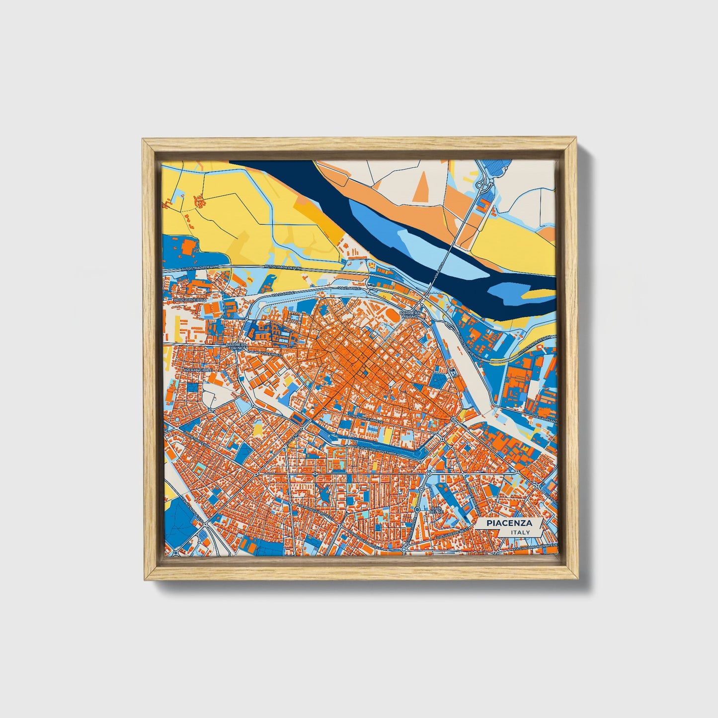 Piacenza Italy Colorful City Map Canvas Print • Natural Wooden Framed