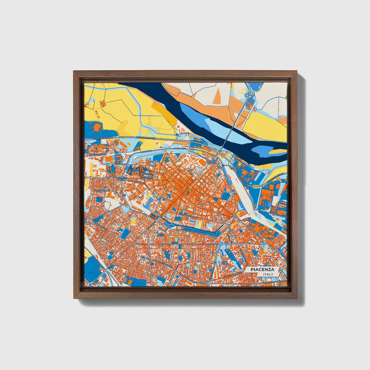 Piacenza Italy Colorful City Map Canvas Print • Dark Wooden Framed