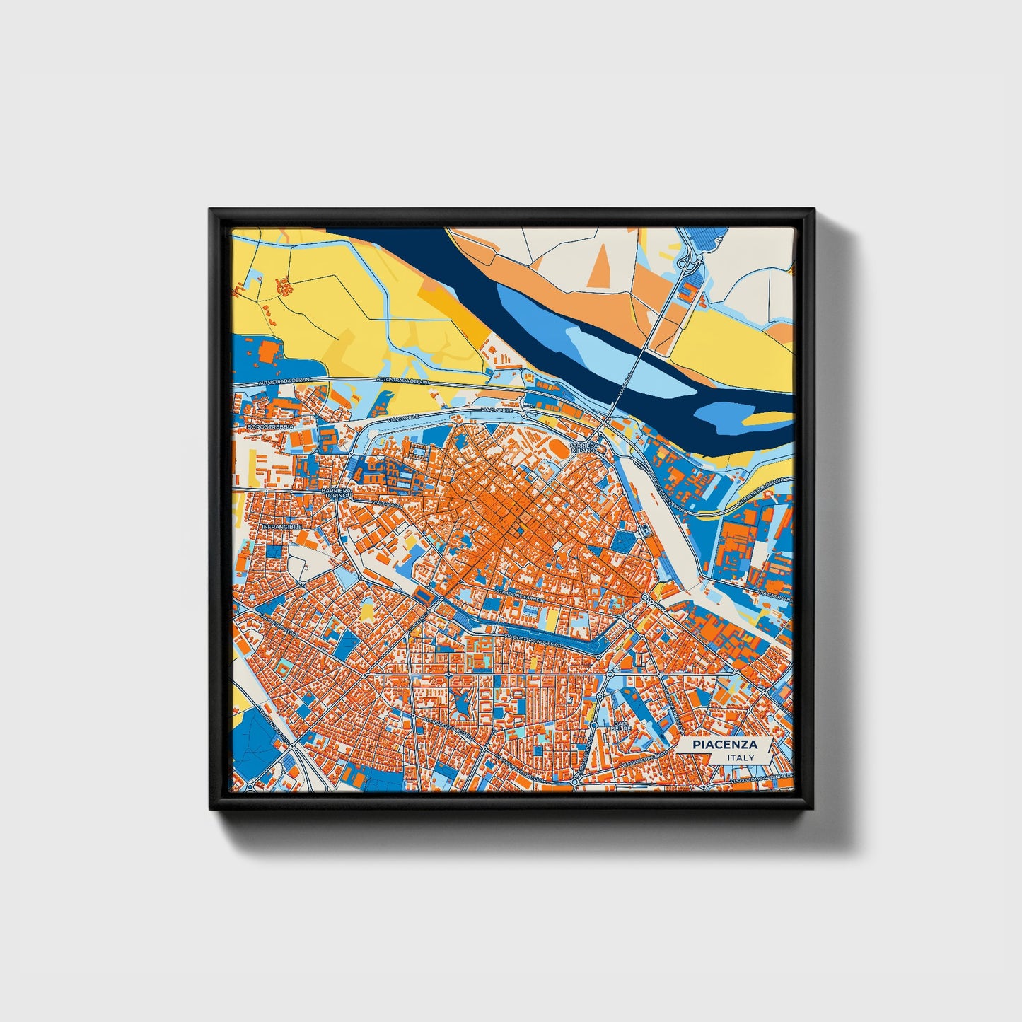 Piacenza Italy Colorful City Map Canvas Print • Black Framed