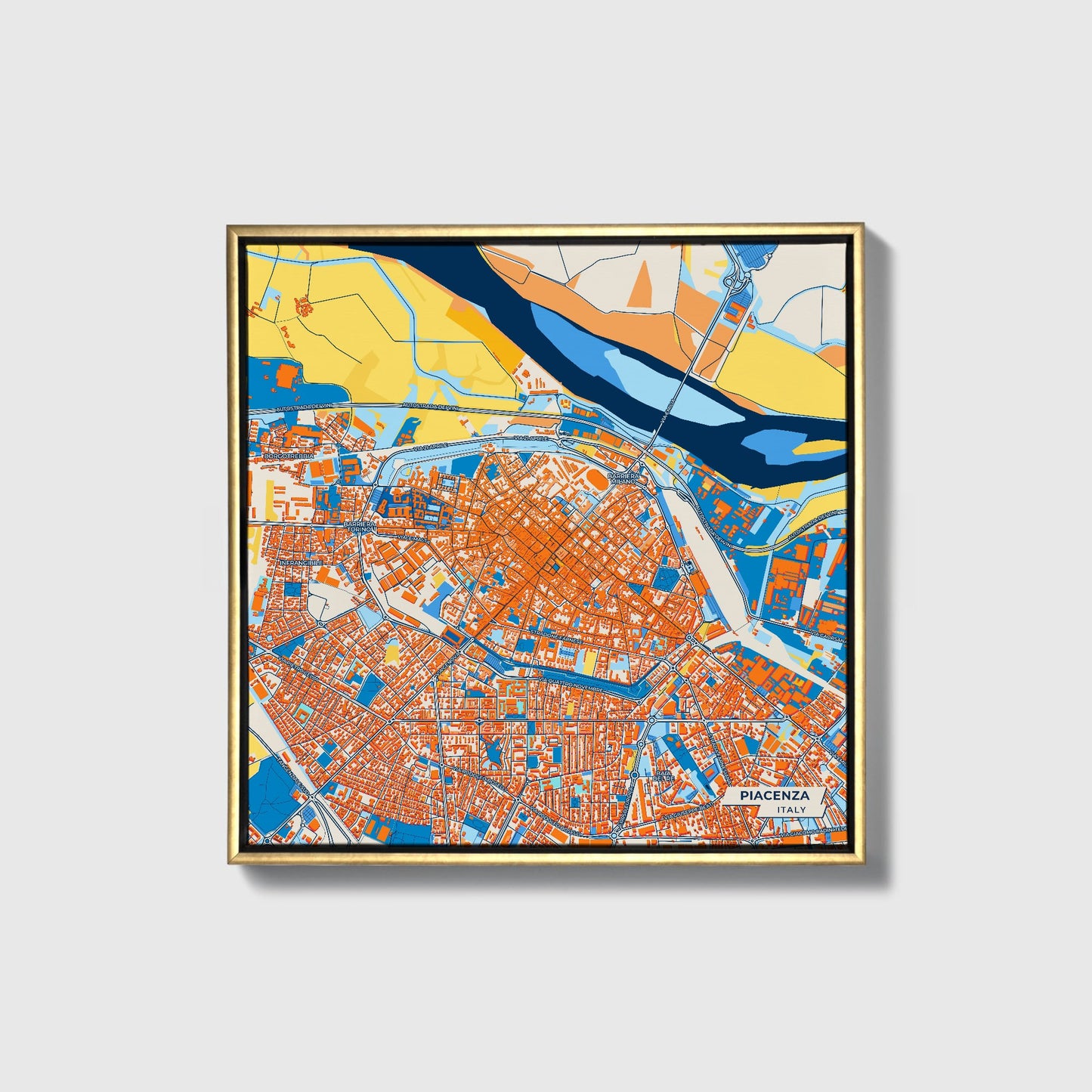Piacenza Italy Colorful City Map Canvas Print • Gold Framed