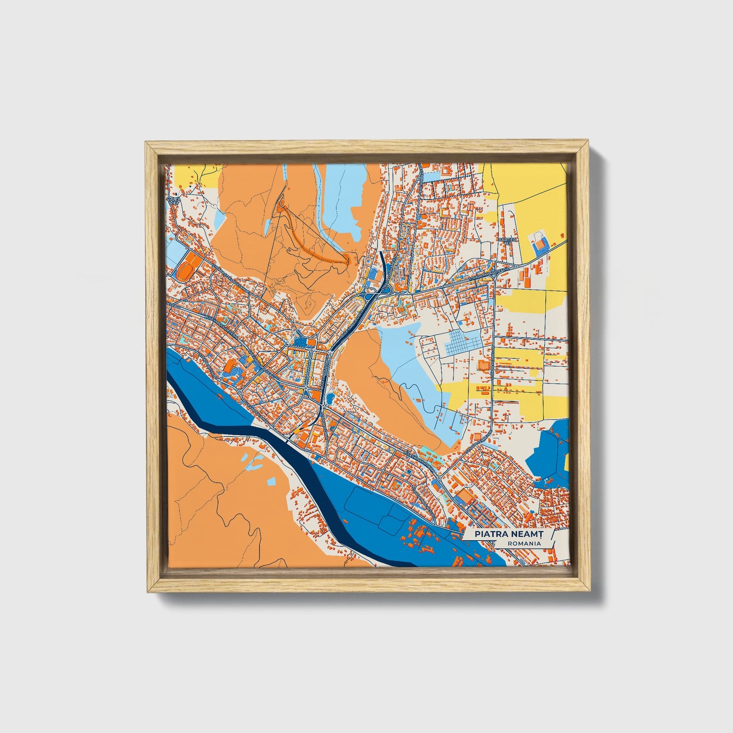 Piatra Neamț Romania Colorful City Map Canvas Print • Natural Wooden Framed