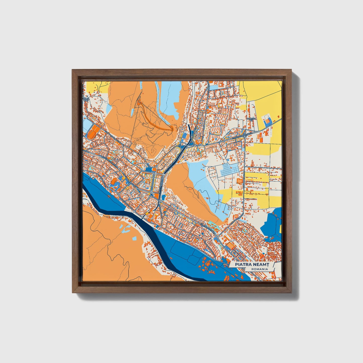 Piatra Neamț Romania Colorful City Map Canvas Print • Dark Wooden Framed