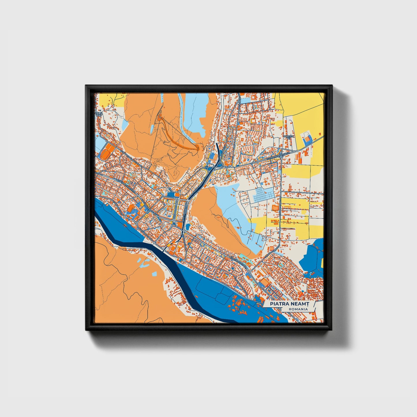 Piatra Neamț Romania Colorful City Map Canvas Print • Black Framed