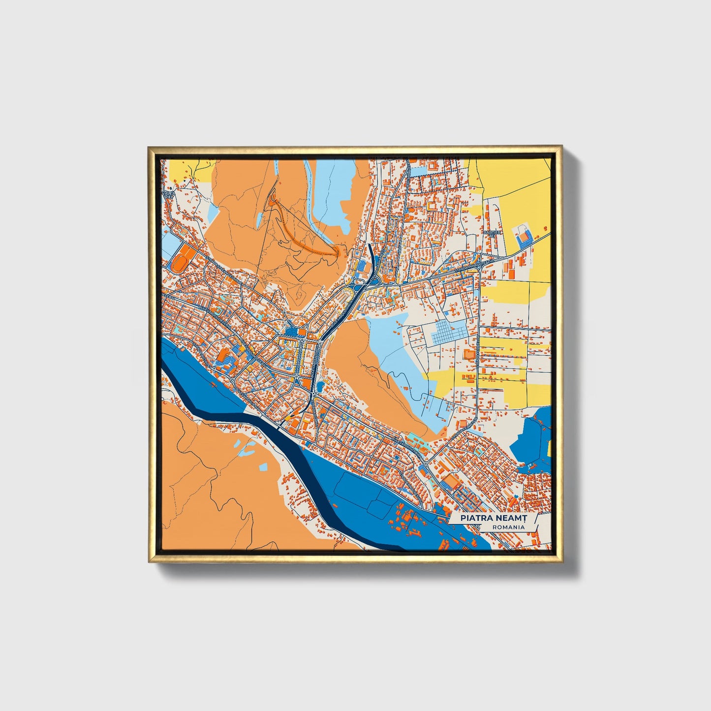 Piatra Neamț Romania Colorful City Map Canvas Print • Gold Framed