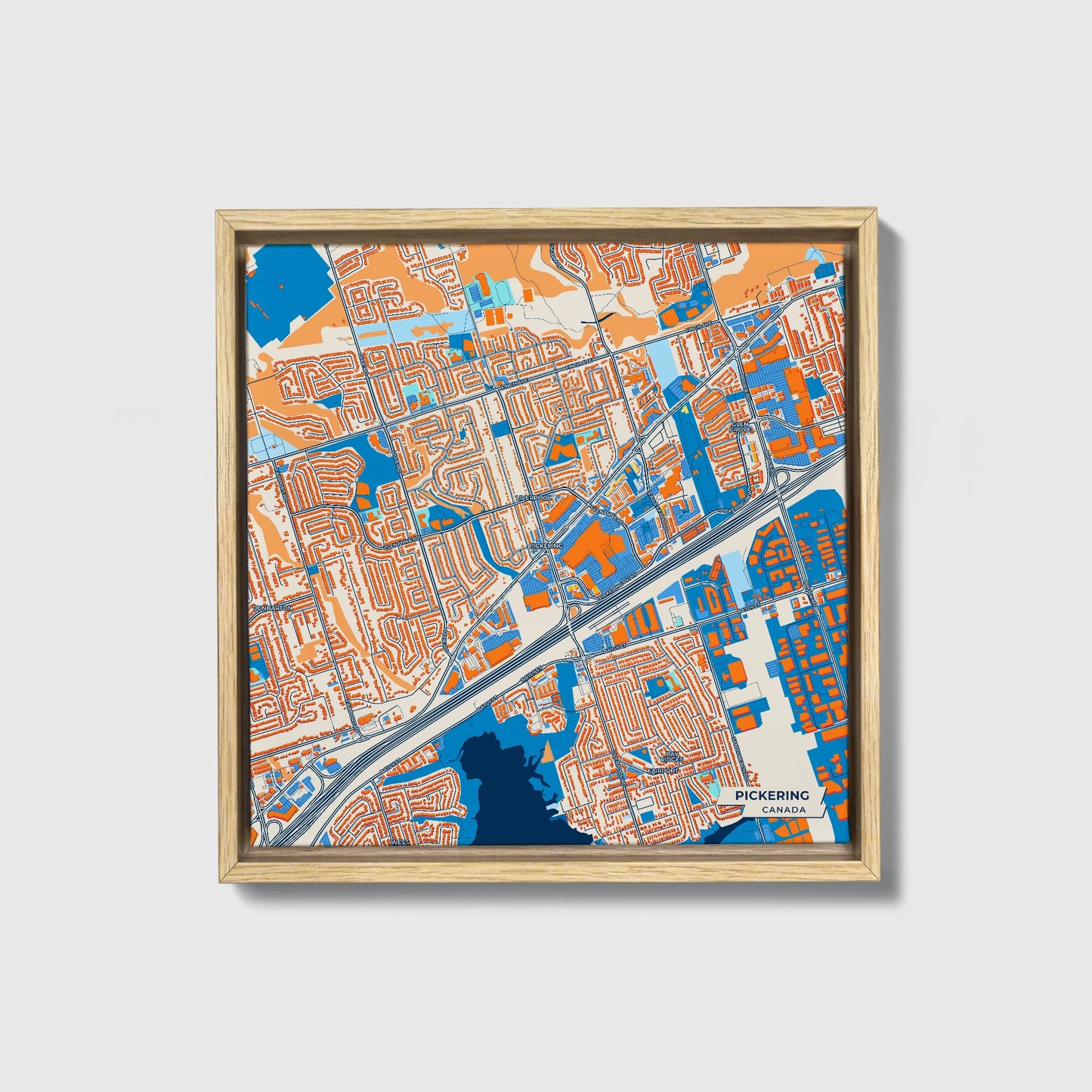 Pickering Canada Colorful City Map Canvas Print • Natural Wooden Framed