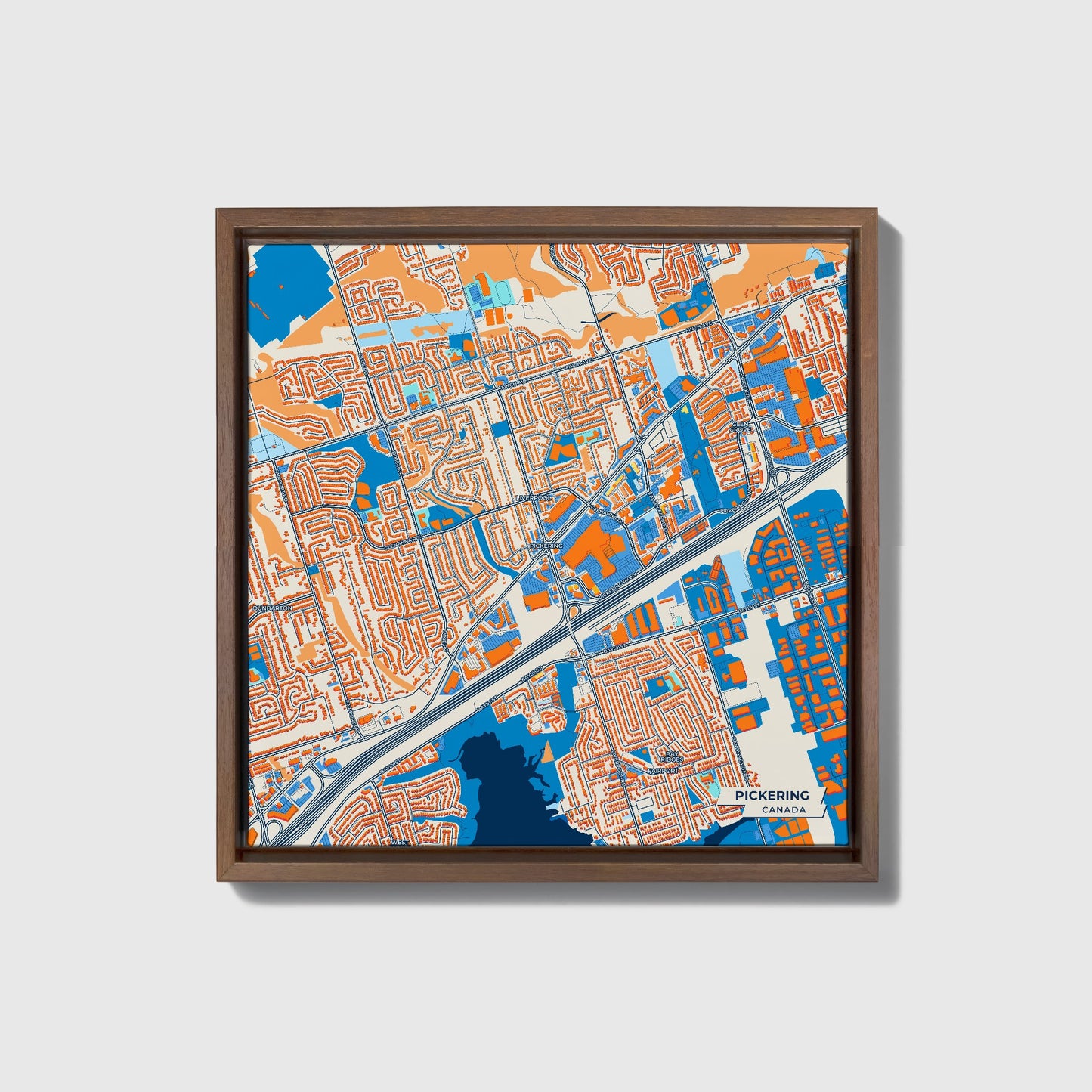 Pickering Canada Colorful City Map Canvas Print • Dark Wooden Framed