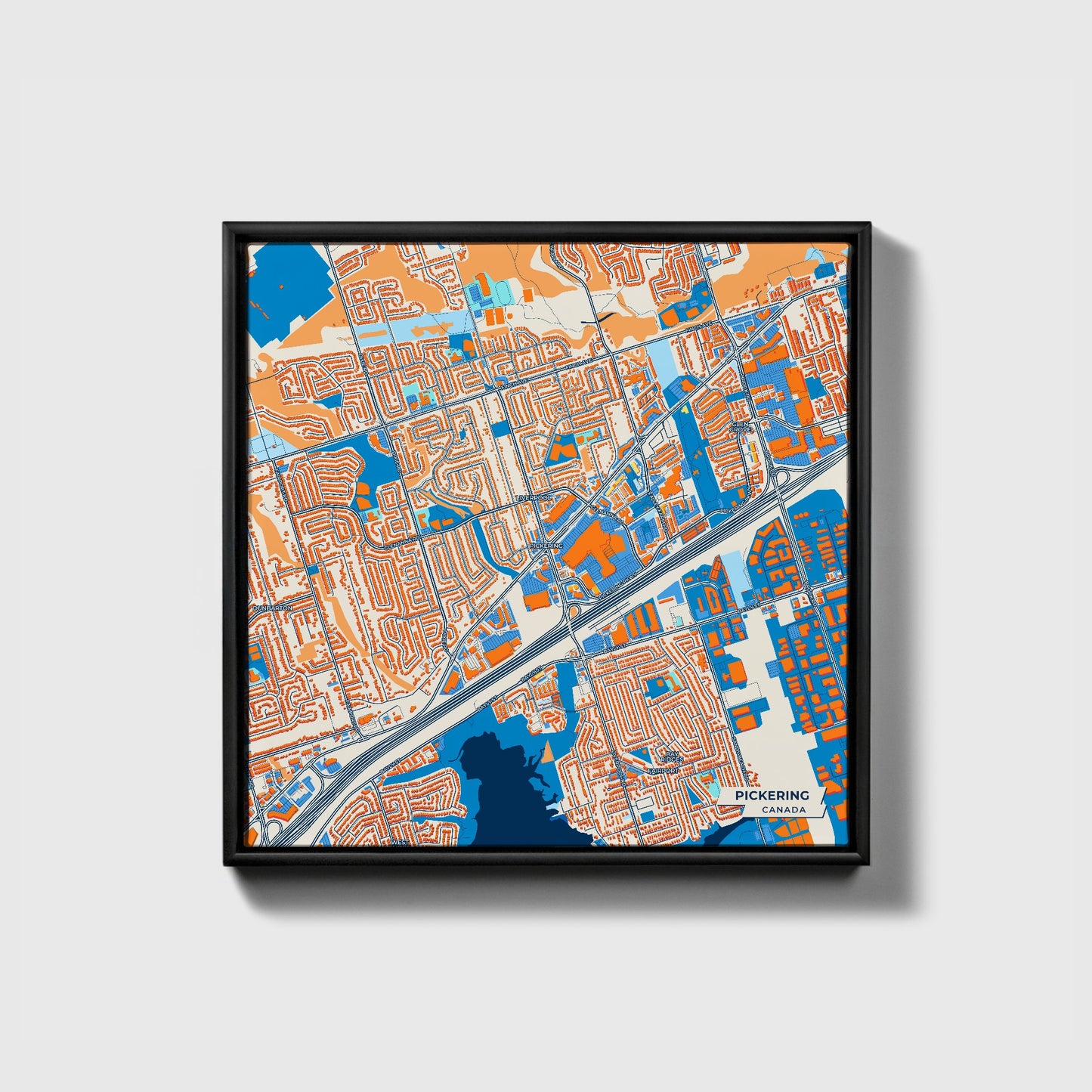 Pickering Canada Colorful City Map Canvas Print • Black Framed