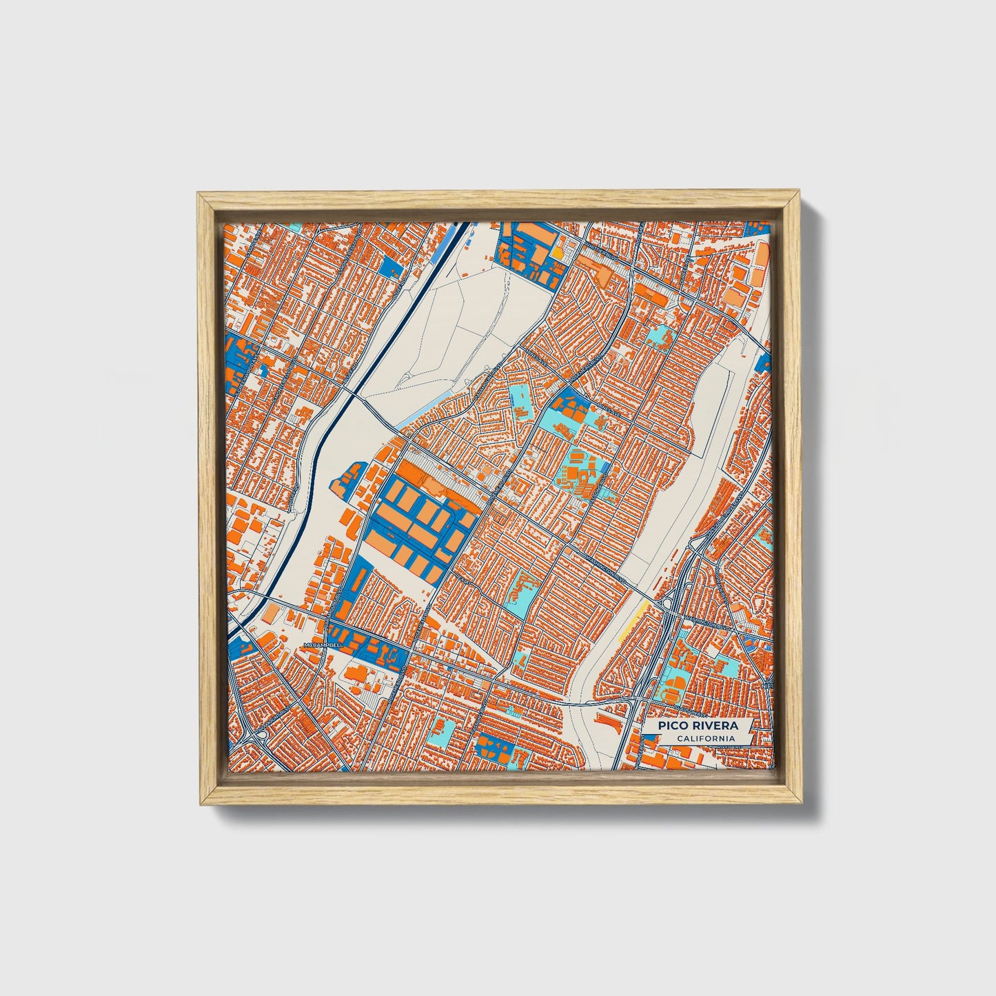 Pico Rivera California Colorful City Map Canvas Print • Natural Wooden Framed