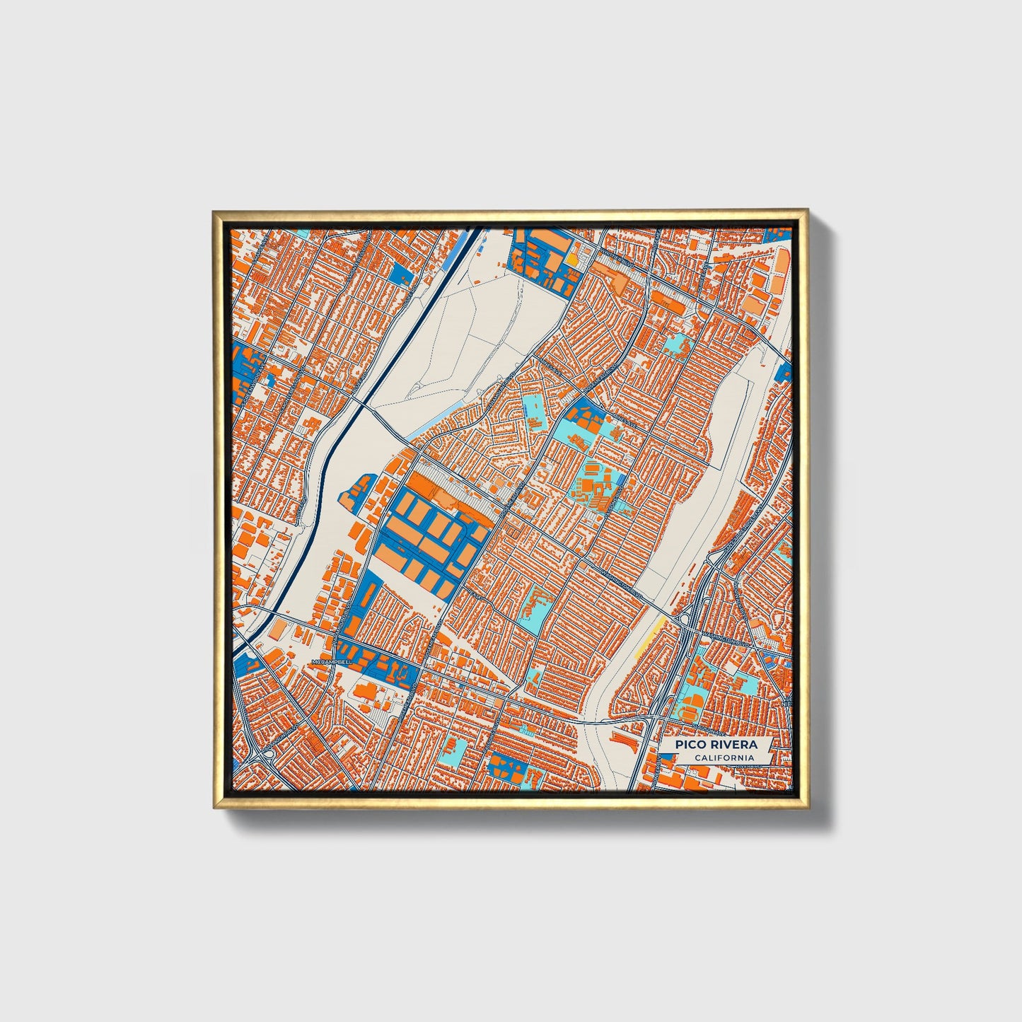 Pico Rivera California Colorful City Map Canvas Print • Gold Framed