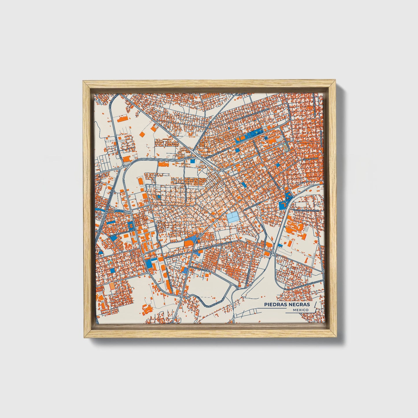 Piedras Negras Mexico Colorful City Map Canvas Print • Natural Wooden Framed