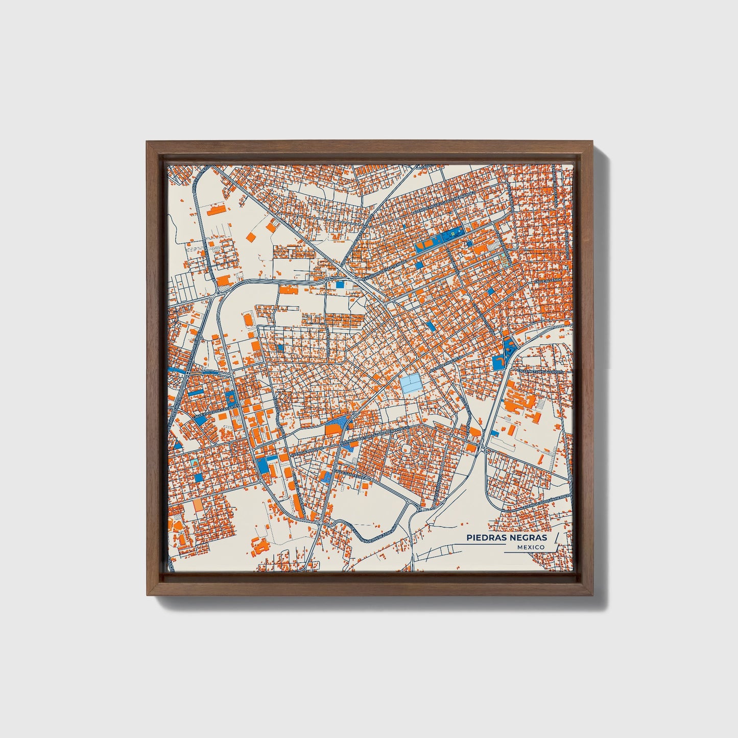 Piedras Negras Mexico Colorful City Map Canvas Print • Dark Wooden Framed