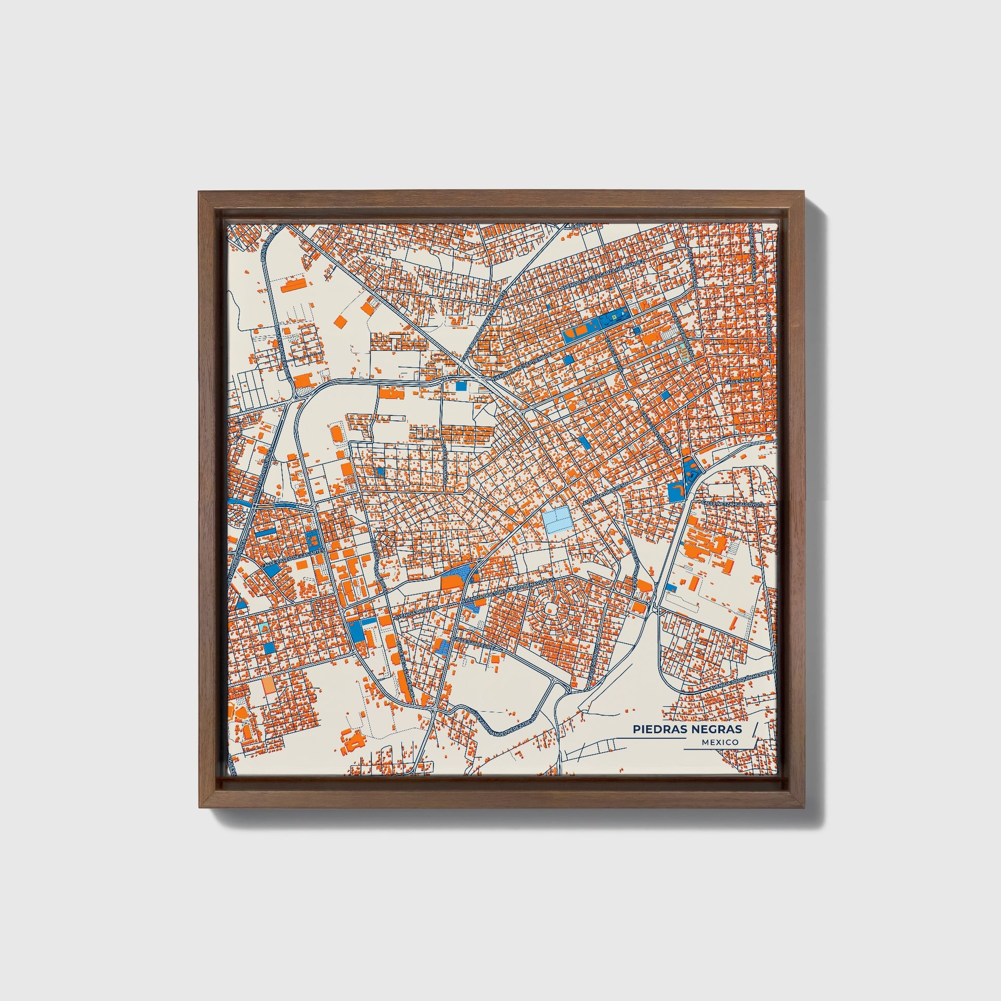Piedras Negras Mexico Colorful City Map Canvas Print • Dark Wooden Framed