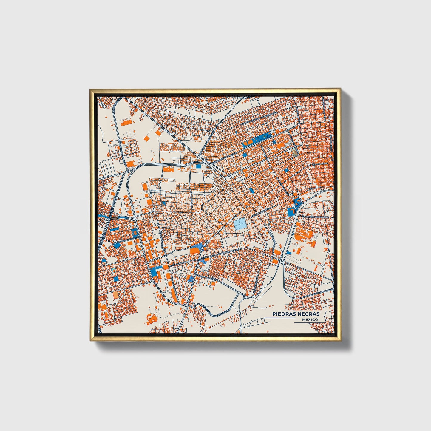 Piedras Negras Mexico Colorful City Map Canvas Print • Gold Framed