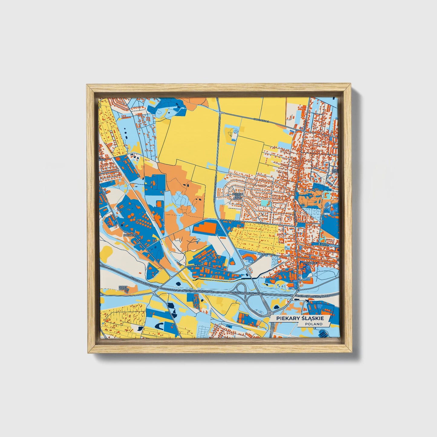 Piekary Śląskie Poland Colorful City Map Canvas Print • Natural Wooden Framed
