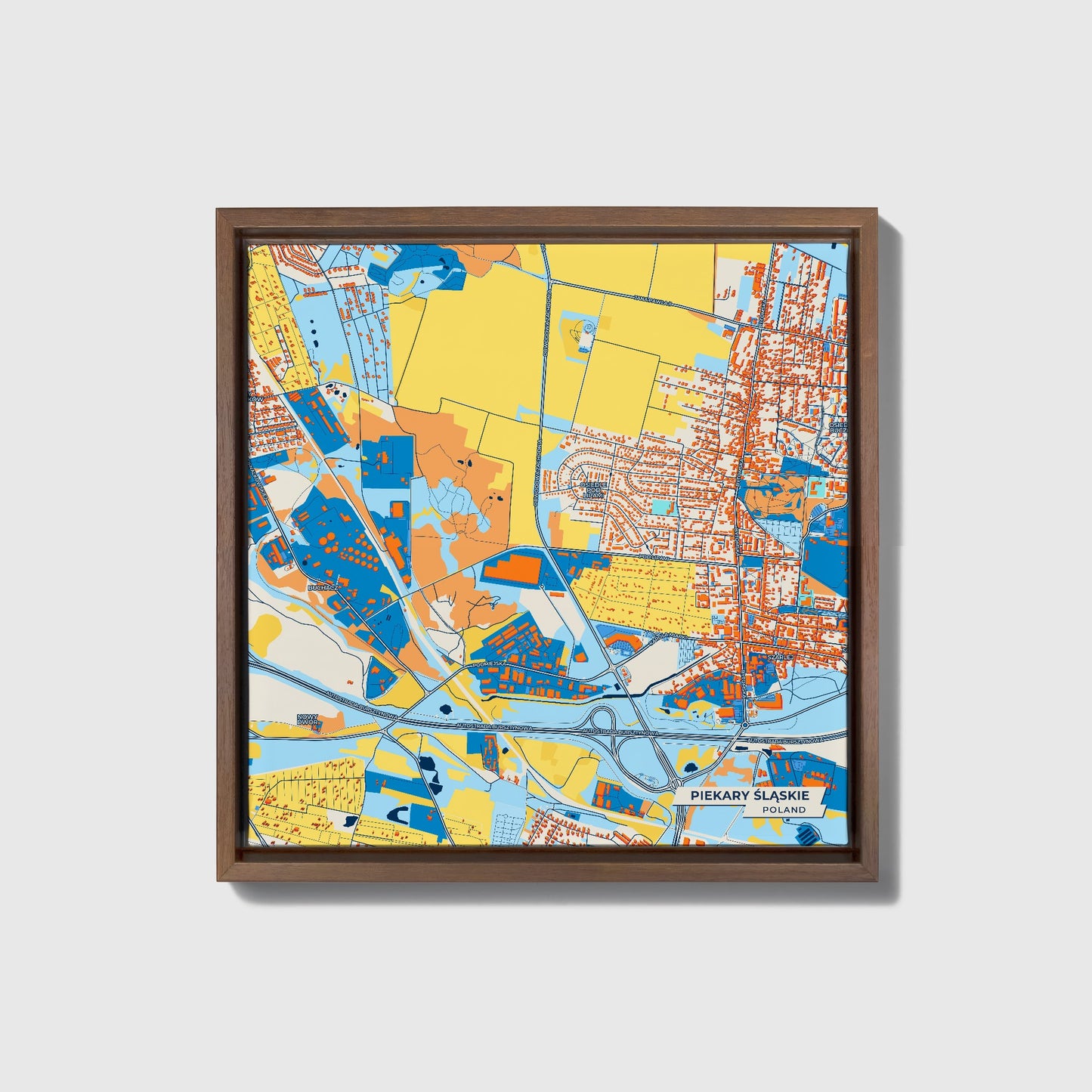 Piekary Śląskie Poland Colorful City Map Canvas Print • Dark Wooden Framed