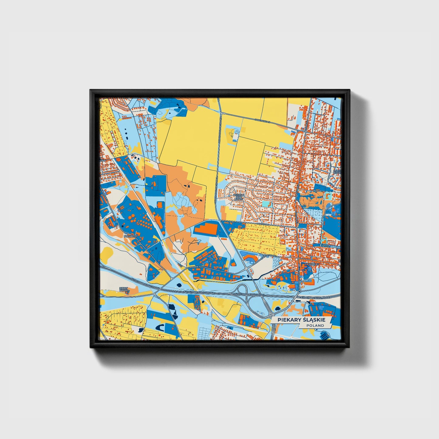 Piekary Śląskie Poland Colorful City Map Canvas Print • Black Framed
