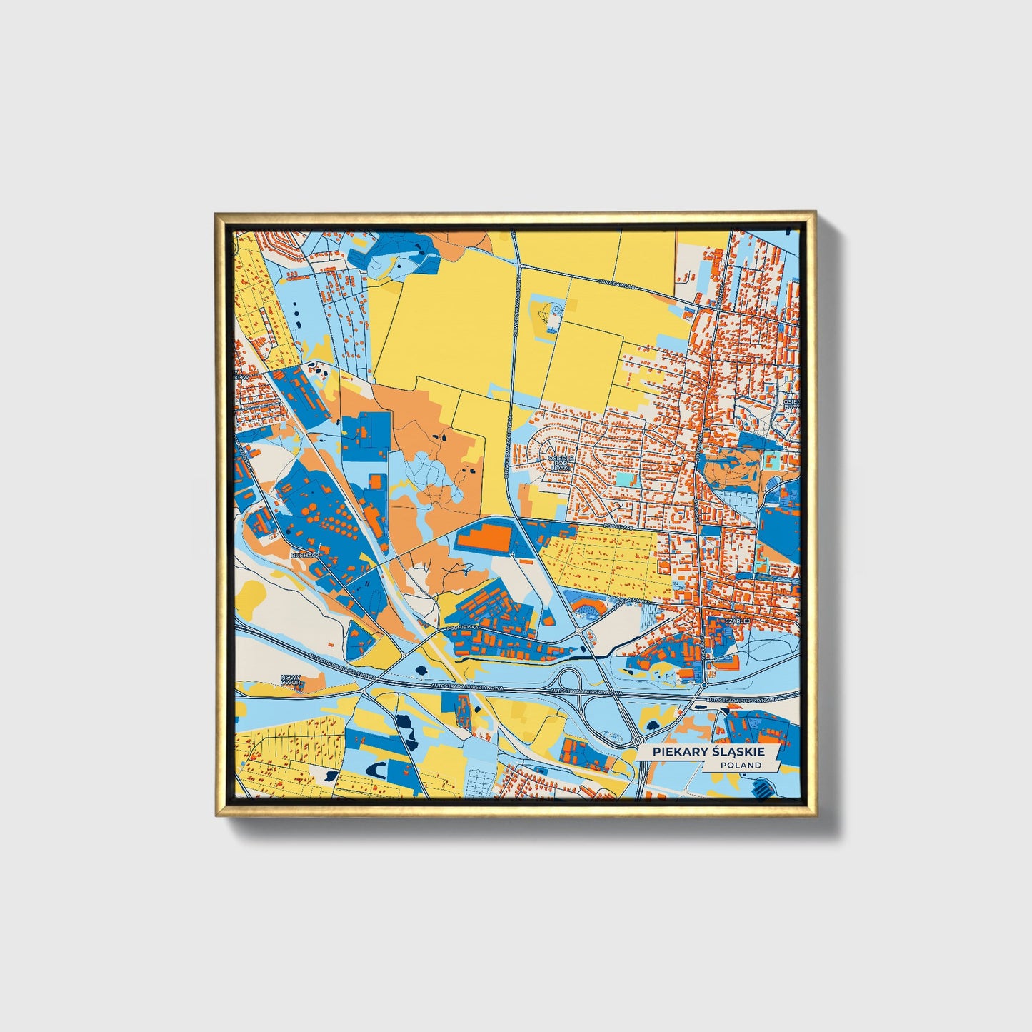 Piekary Śląskie Poland Colorful City Map Canvas Print • Gold Framed